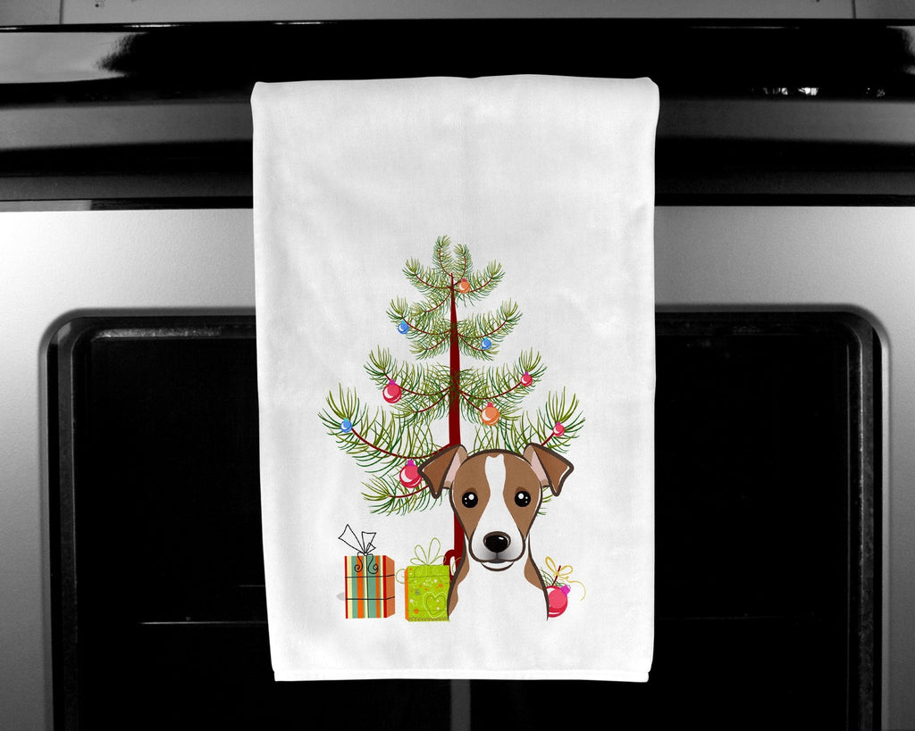 Christmas Tree and Jack Russell Terrier Kitchen Towel Set of 2 White Dish Towels Decorative Bathroom Hand towel for Hand, Face, Hair, Yoga, Tea, Dishcloth, 19 X 28", White