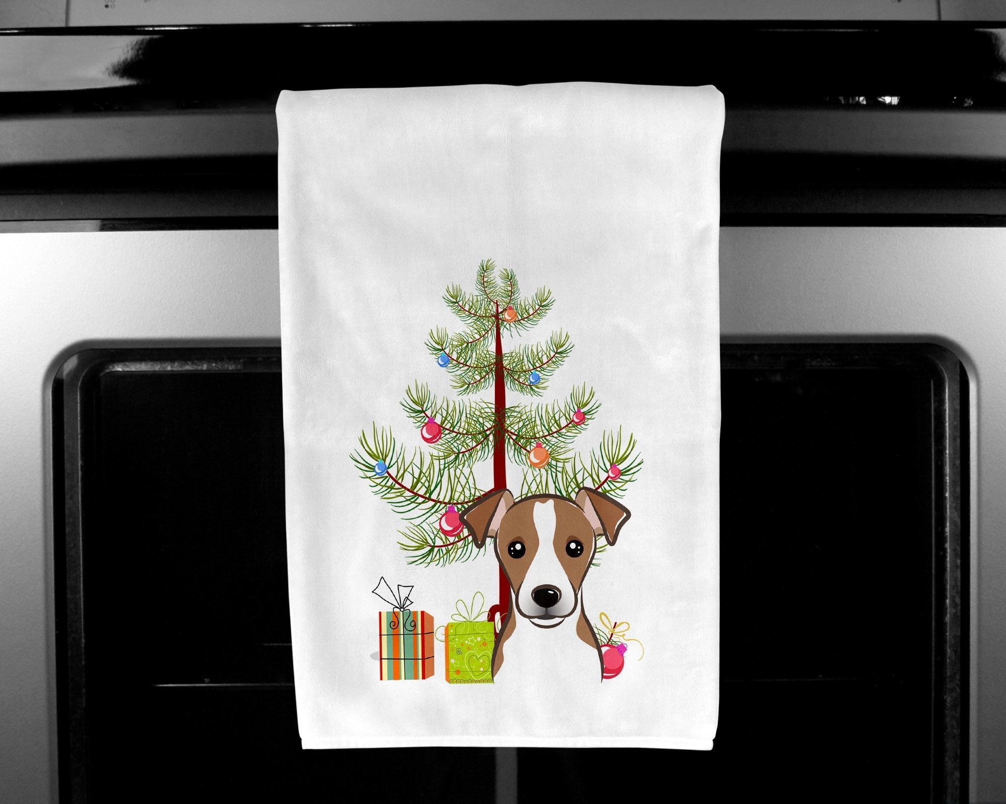 Christmas Tree and Jack Russell Terrier Kitchen Towel Set of 2 White Dish Towels Decorative Bathroom Hand towel for Hand, Face, Hair, Yoga, Tea, Dishcloth, 19 X 28", White