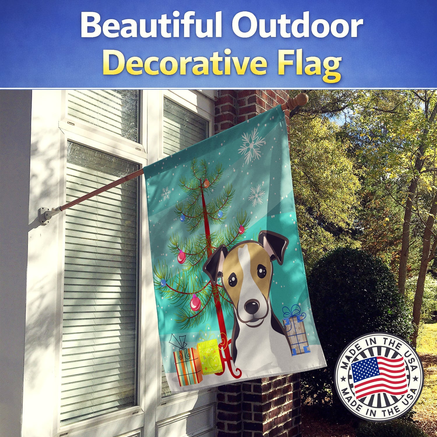 Christmas Tree and Jack Russell Terrier House Flag 28x40 Porch Sleeve Pole Decorative Outside Yard Banner Artwork Wall Hanging, Polyester