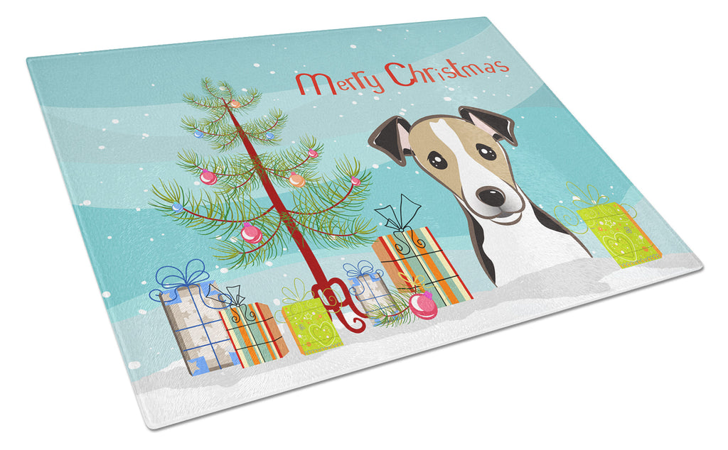 Christmas Tree and Jack Russell Terrier Cutting Board Tempered Glass Kitchen Cutting Surface, Heat Resistant Chopping, Non-Slip Feet, Food Prep & Serving