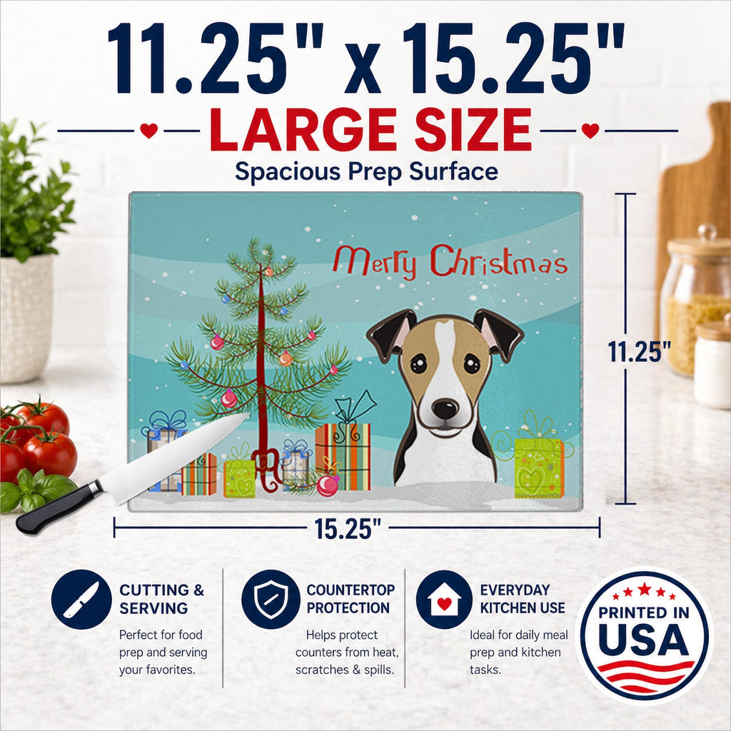 Christmas Tree and Jack Russell Terrier Cutting Board Tempered Glass Kitchen Cutting Surface, Heat Resistant Chopping, Non-Slip Feet, Food Prep & Serving