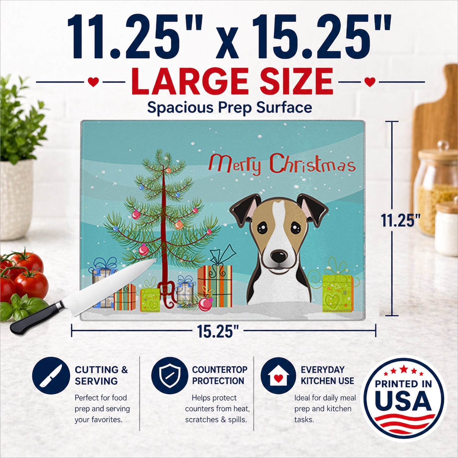 Christmas Tree and Jack Russell Terrier Cutting Board Tempered Glass Kitchen Cutting Surface, Heat Resistant Chopping, Non-Slip Feet, Food Prep & Serving