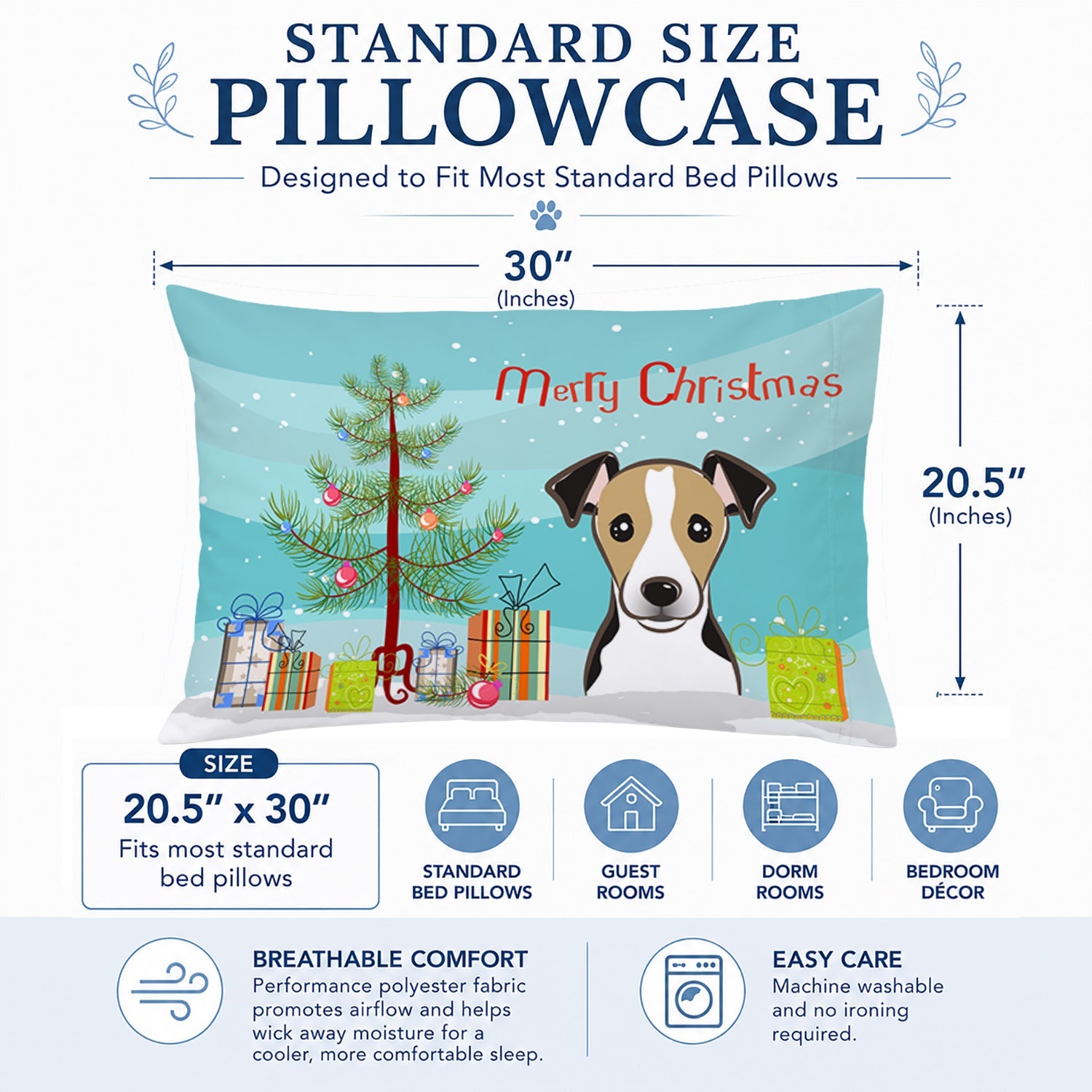 Christmas Tree and Jack Russell Terrier Standard Pillowcase Lightweight Super Soft Easy Care Decorative Artwork Pillowcase, Standard