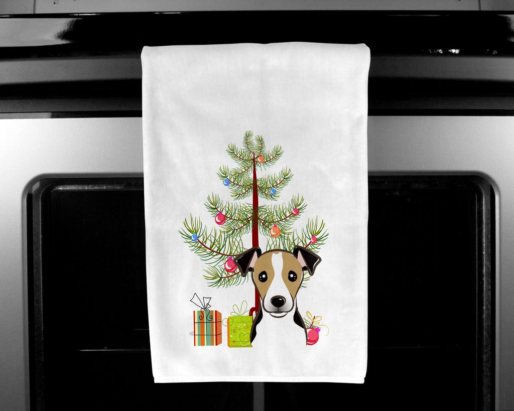 Christmas Tree and Jack Russell Terrier Kitchen Towel Set of 2 White Dish Towels Decorative Bathroom Hand towel for Hand, Face, Hair, Yoga, Tea, Dishcloth, 19 X 28", White