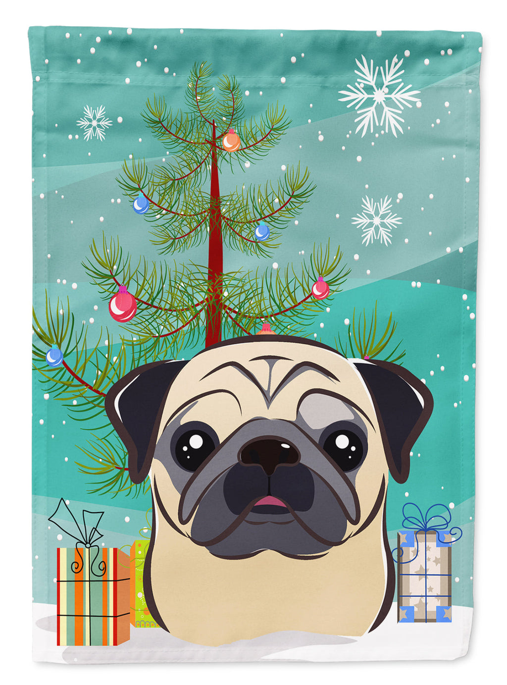 Christmas Tree and Fawn Pug House Flag 28x40 Porch Sleeve Pole Decorative Outside Yard Banner Artwork Wall Hanging, Polyester