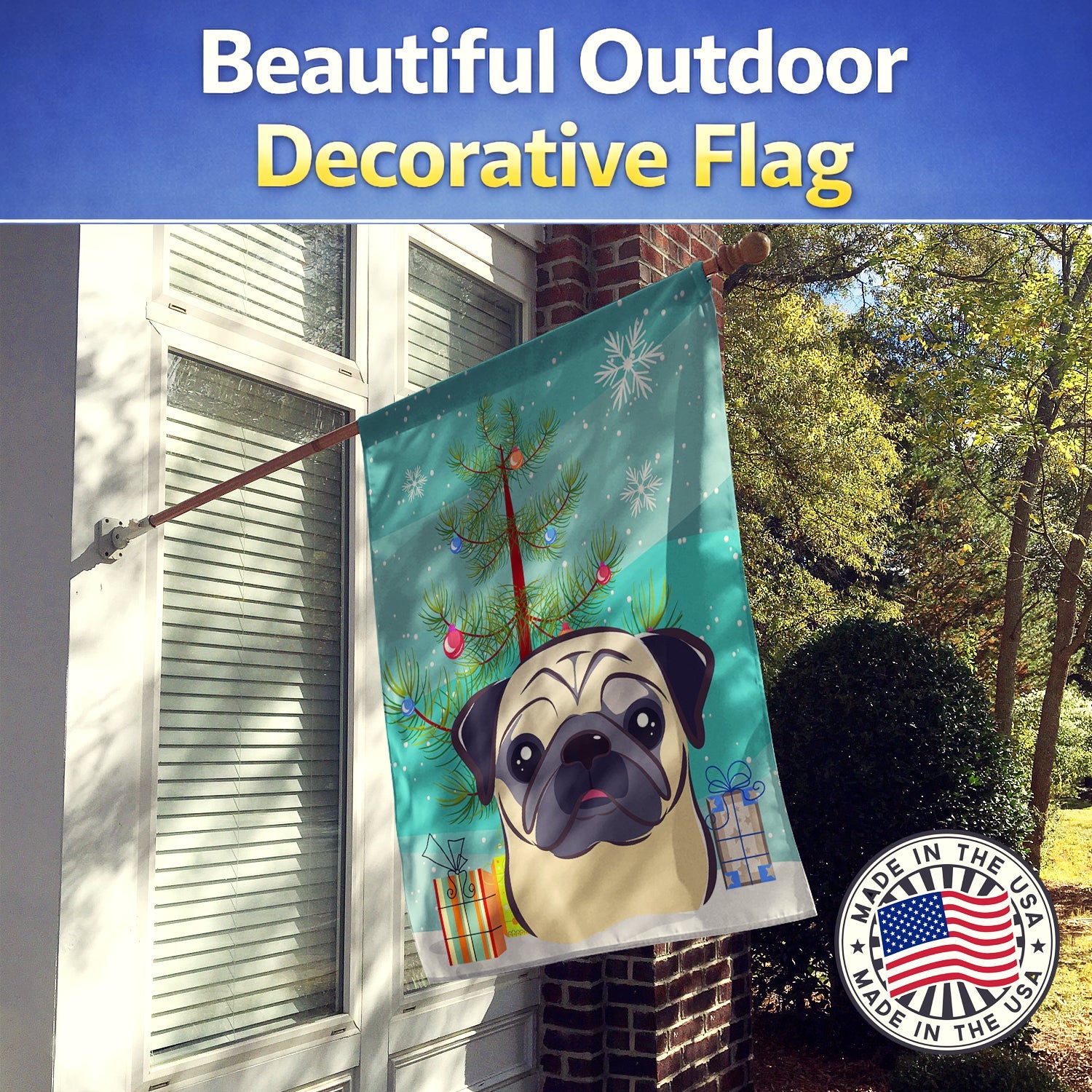 Christmas Tree and Fawn Pug House Flag 28x40 Porch Sleeve Pole Decorative Outside Yard Banner Artwork Wall Hanging, Polyester