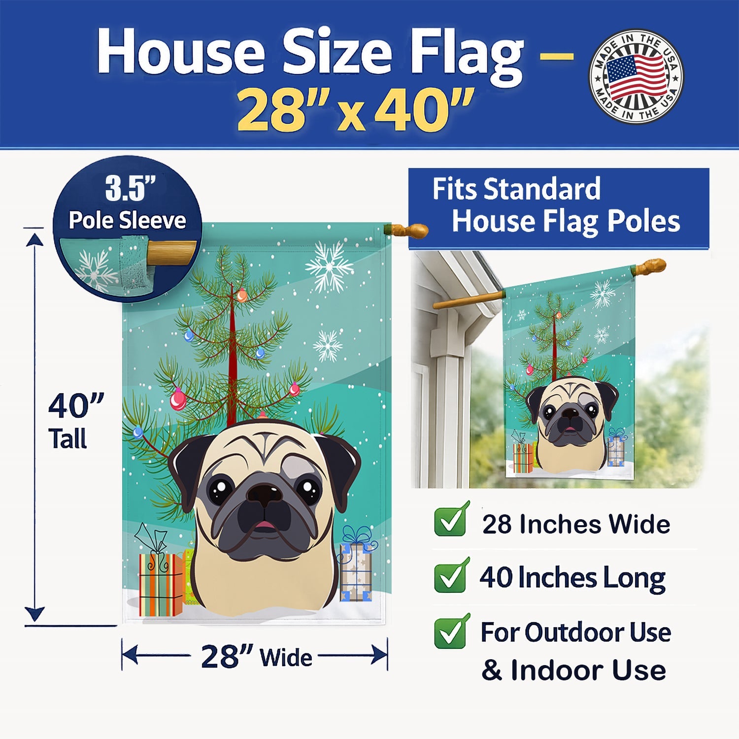 Christmas Tree and Fawn Pug House Flag 28x40 Porch Sleeve Pole Decorative Outside Yard Banner Artwork Wall Hanging, Polyester