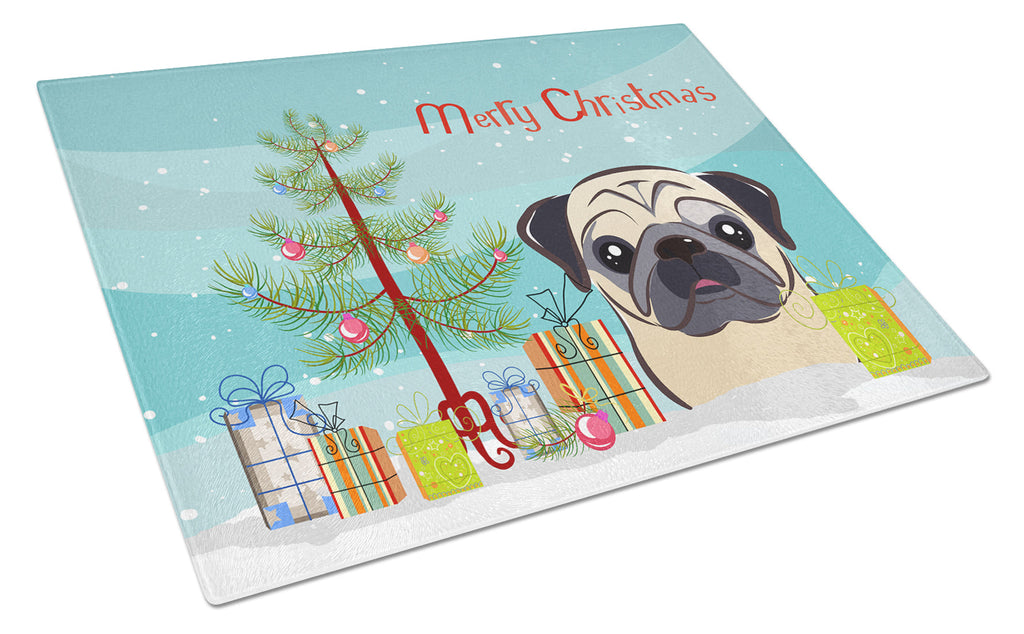 Christmas Tree and Fawn Pug Cutting Board Tempered Glass Kitchen Cutting Surface, Heat Resistant Chopping, Non-Slip Feet, Food Prep & Serving