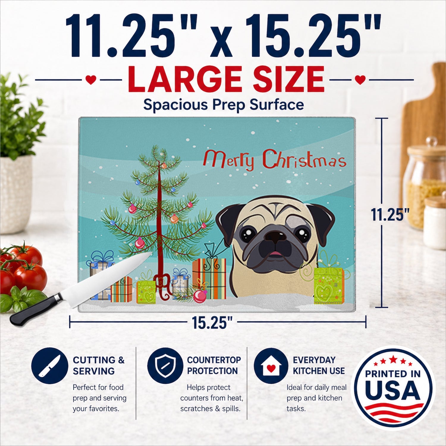 Christmas Tree and Fawn Pug Cutting Board Tempered Glass Kitchen Cutting Surface, Heat Resistant Chopping, Non-Slip Feet, Food Prep & Serving