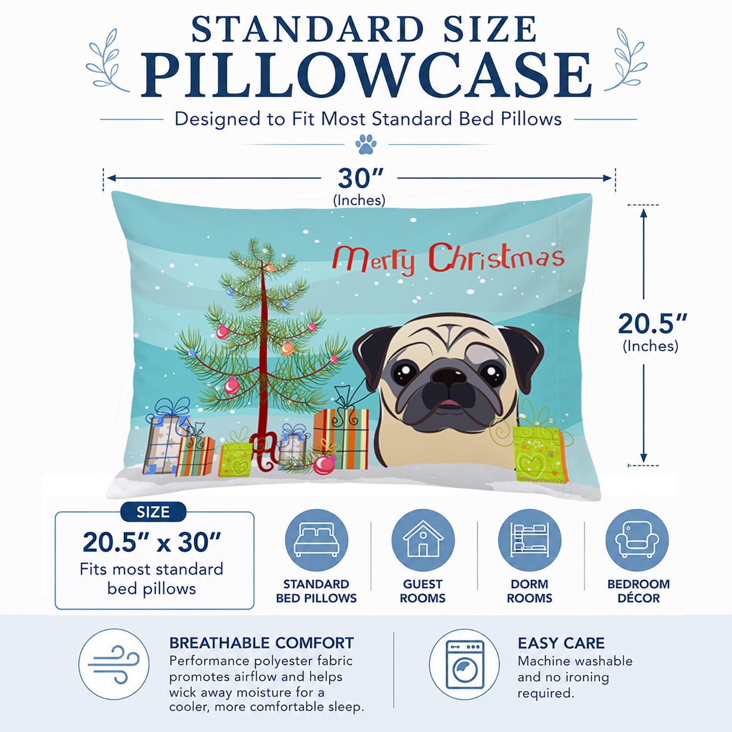 Christmas Tree and Fawn Pug Standard Pillowcase Lightweight Super Soft Easy Care Decorative Artwork Pillowcase, Standard