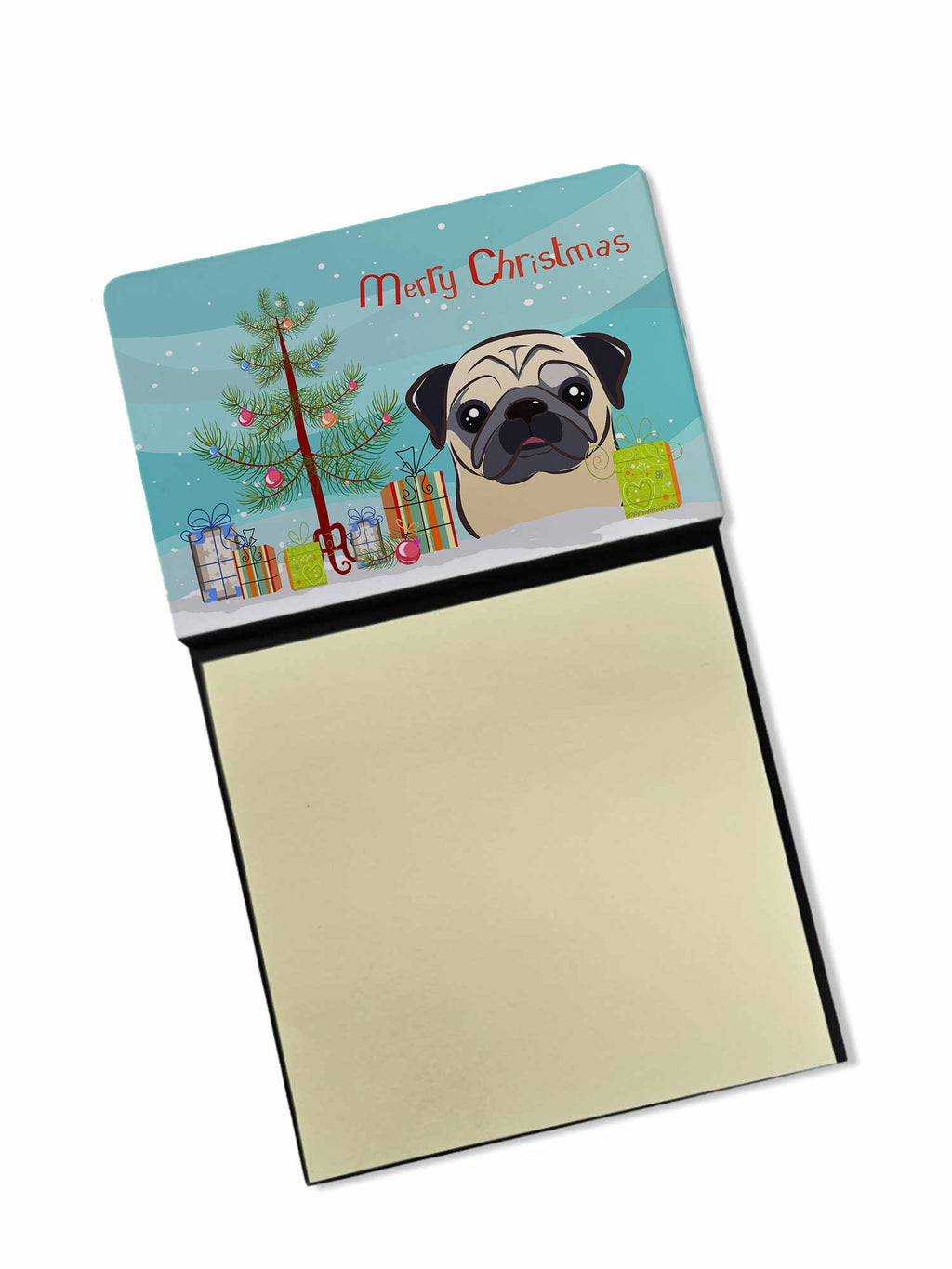 Christmas Tree and Fawn Pug Watercolor Sticky Note Holder Refillable Dispenser Desk Accessory 3x3 Pad Gift