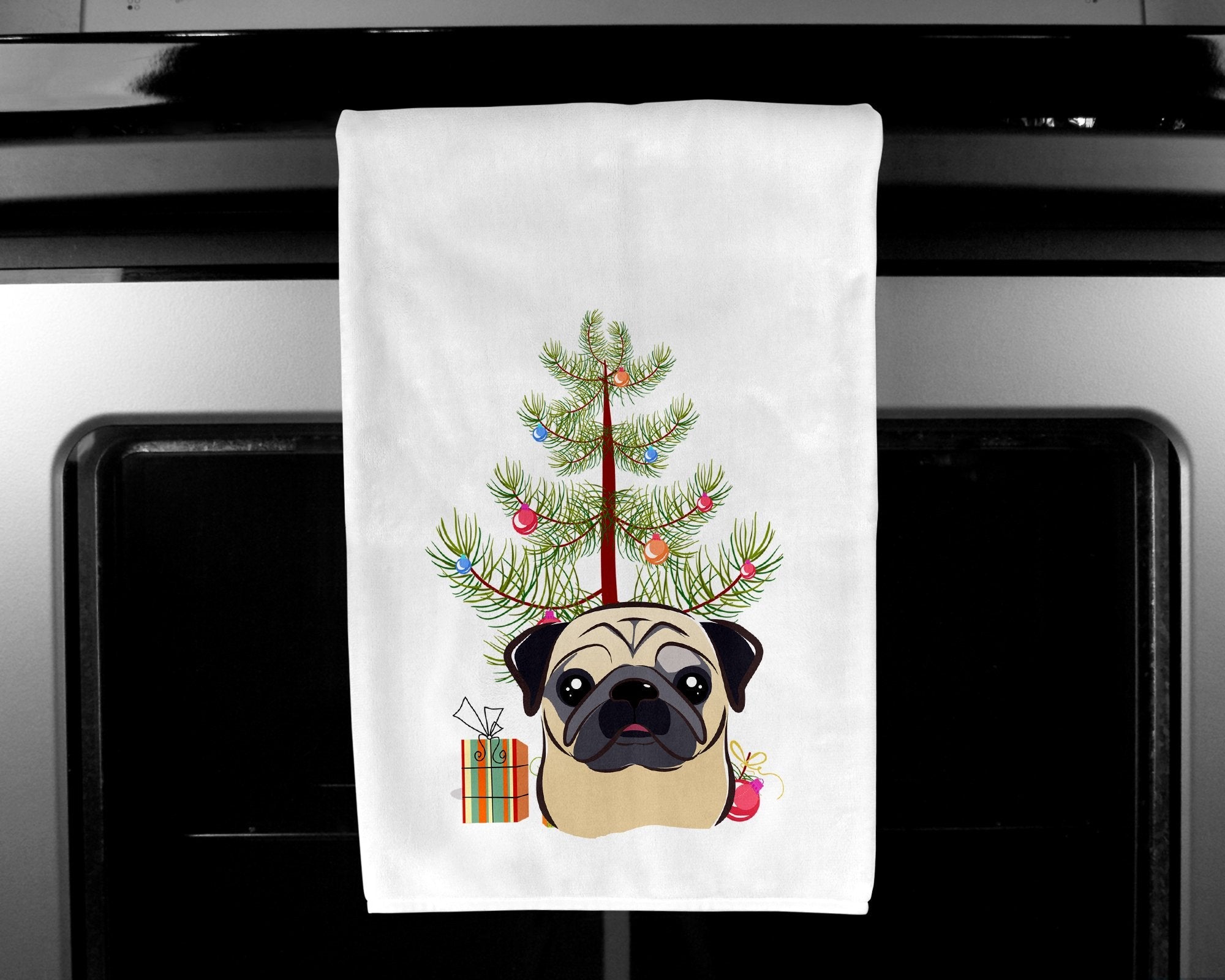 Christmas Tree and Fawn Pug Kitchen Towel Set of 2 White Dish Towels Decorative Bathroom Hand towel for Hand, Face, Hair, Yoga, Tea, Dishcloth, 19 X 28", White