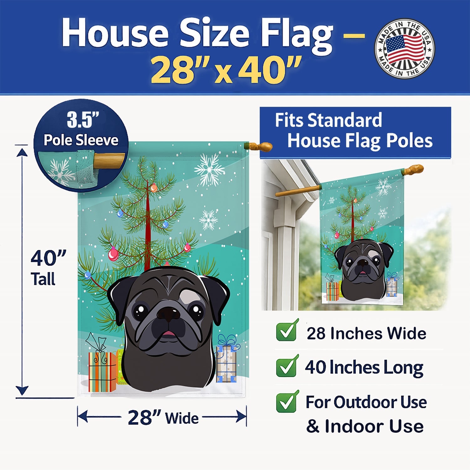 Christmas Tree and Black Pug House Flag 28x40 Porch Sleeve Pole Decorative Outside Yard Banner Artwork Wall Hanging, Polyester