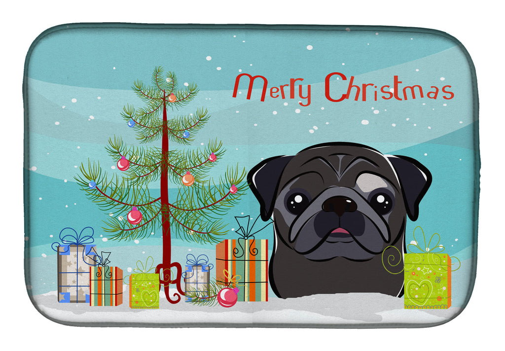 Christmas Tree and Black Pug Dish Drying Mat Absorbent Dish Drying Mat Pad for Kitchen Counter Dish Drainer Mat for Countertop, 14 x 21", Multicolor