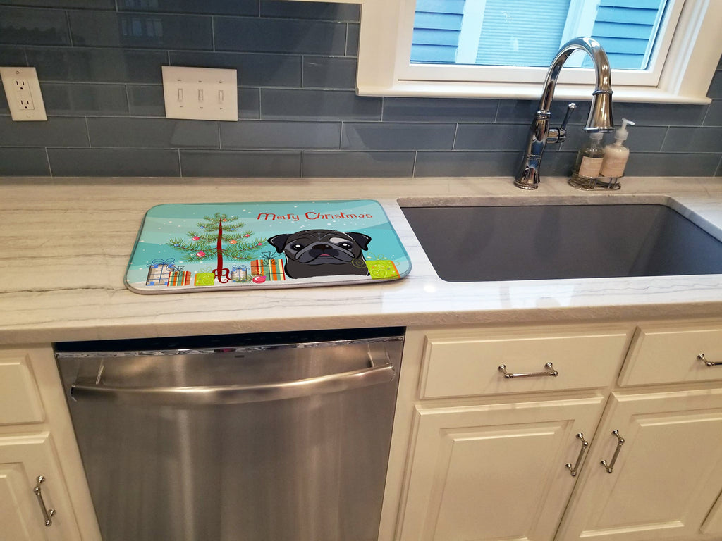 Christmas Tree and Black Pug Dish Drying Mat Absorbent Dish Drying Mat Pad for Kitchen Counter Dish Drainer Mat for Countertop, 14 x 21", Multicolor