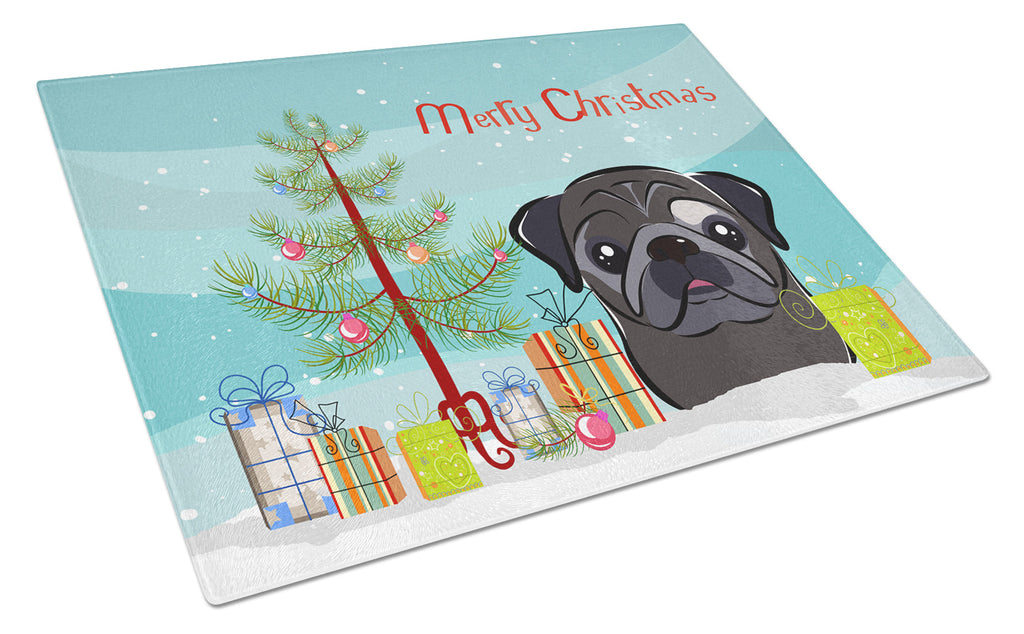Christmas Tree and Black Pug Cutting Board Tempered Glass Kitchen Cutting Surface, Heat Resistant Chopping, Non-Slip Feet, Food Prep & Serving