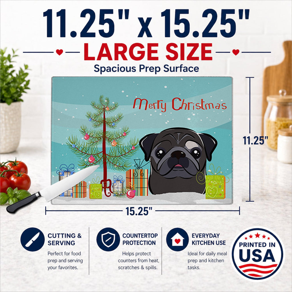 Christmas Tree and Black Pug Cutting Board Tempered Glass Kitchen Cutting Surface, Heat Resistant Chopping, Non-Slip Feet, Food Prep & Serving