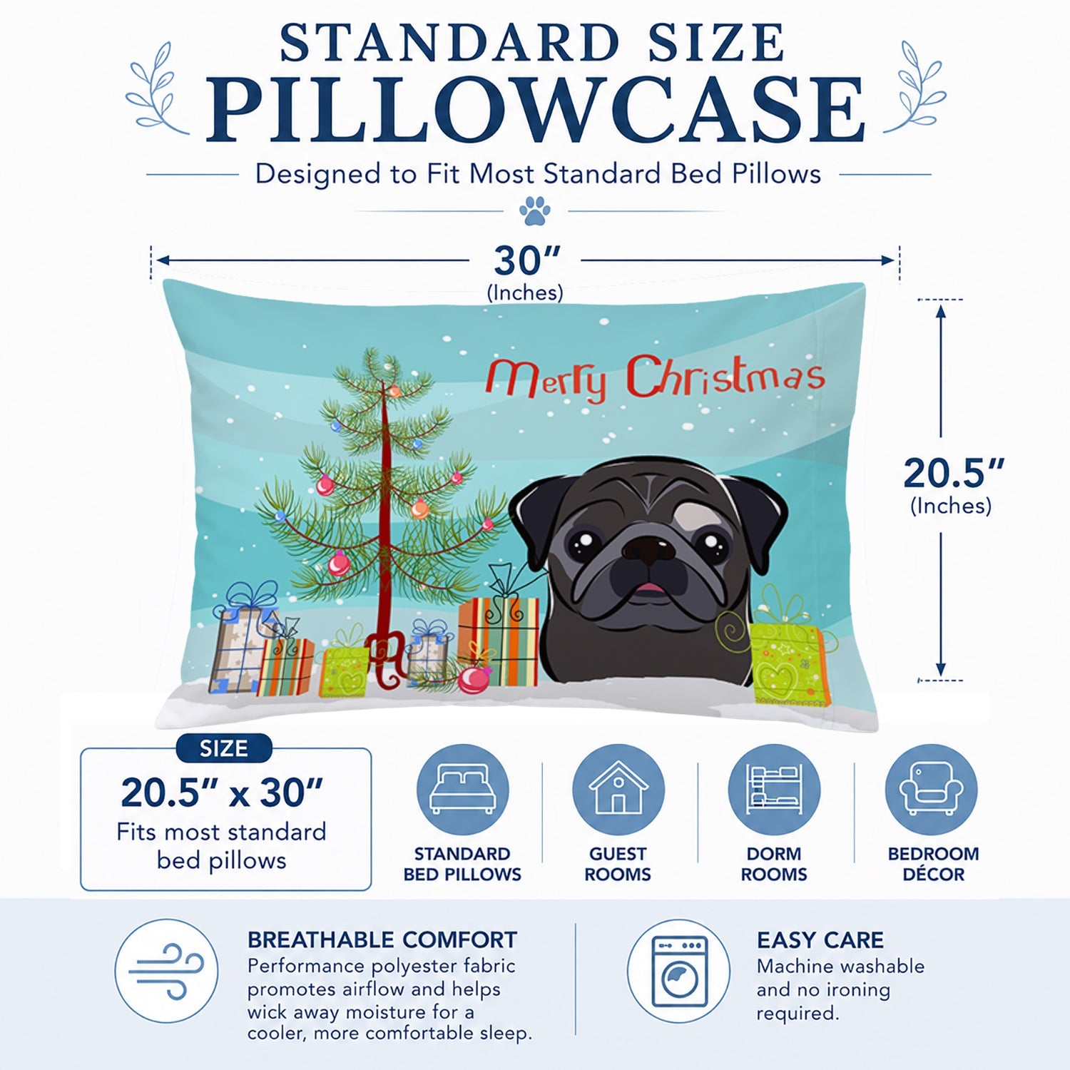 Christmas Tree and Black Pug Standard Pillowcase Lightweight Super Soft Easy Care Decorative Artwork Pillowcase, Standard