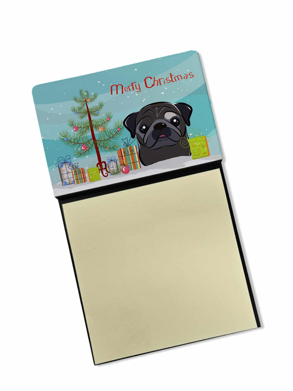 Christmas Tree and Black Pug Watercolor Sticky Note Holder Refillable Dispenser Desk Accessory 3x3 Pad Gift
