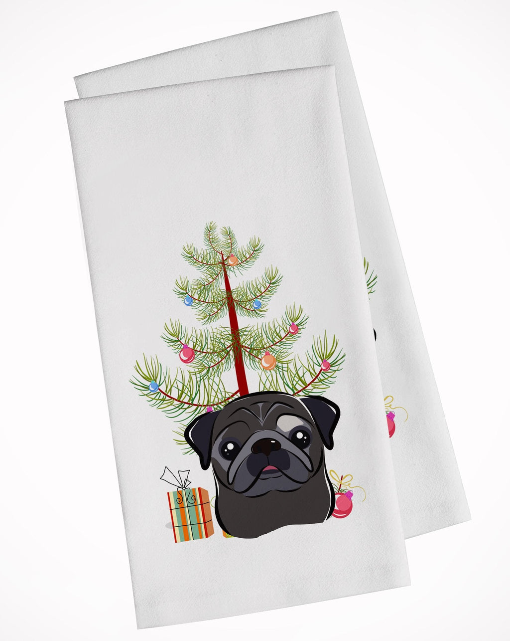 Christmas Tree and Black Pug Kitchen Towel Set of 2 White Dish Towels Decorative Bathroom Hand towel for Hand, Face, Hair, Yoga, Tea, Dishcloth, 19 X 28", White
