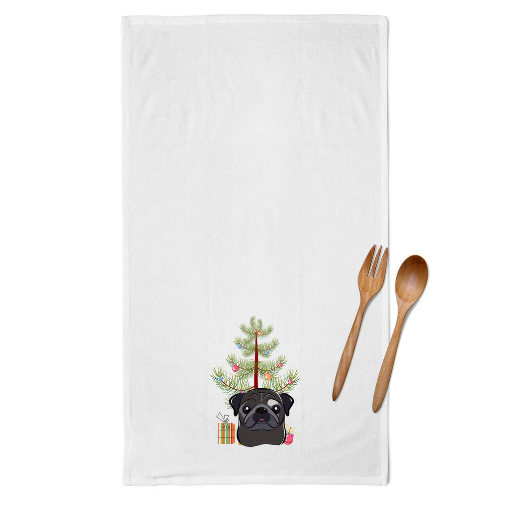 Christmas Tree and Black Pug Kitchen Towel Set of 2 White Dish Towels Decorative Bathroom Hand towel for Hand, Face, Hair, Yoga, Tea, Dishcloth, 19 X 28", White