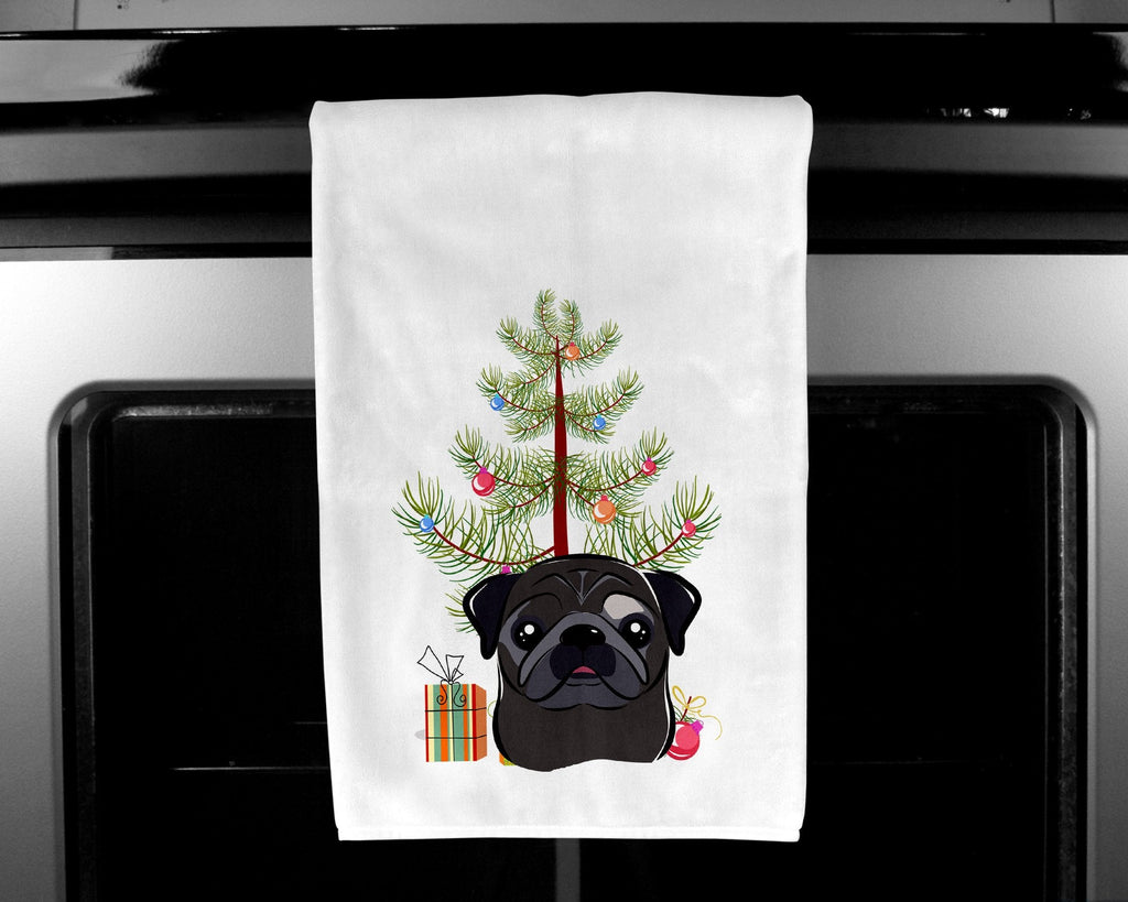 Christmas Tree and Black Pug Kitchen Towel Set of 2 White Dish Towels Decorative Bathroom Hand towel for Hand, Face, Hair, Yoga, Tea, Dishcloth, 19 X 28", White