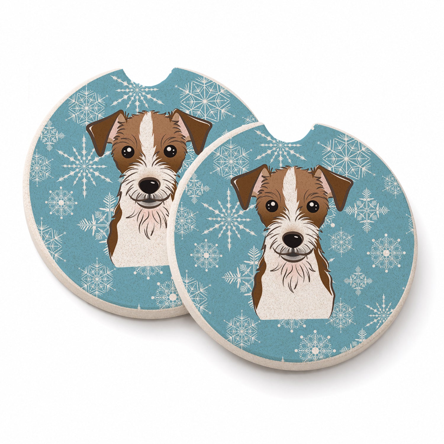Snowflake Jack Russell Terrier Set of 2 Cup Holder Car Coasters Absorbent Round Sandstone Coasters Gifts for Men or Women, 2.5, Multicolor