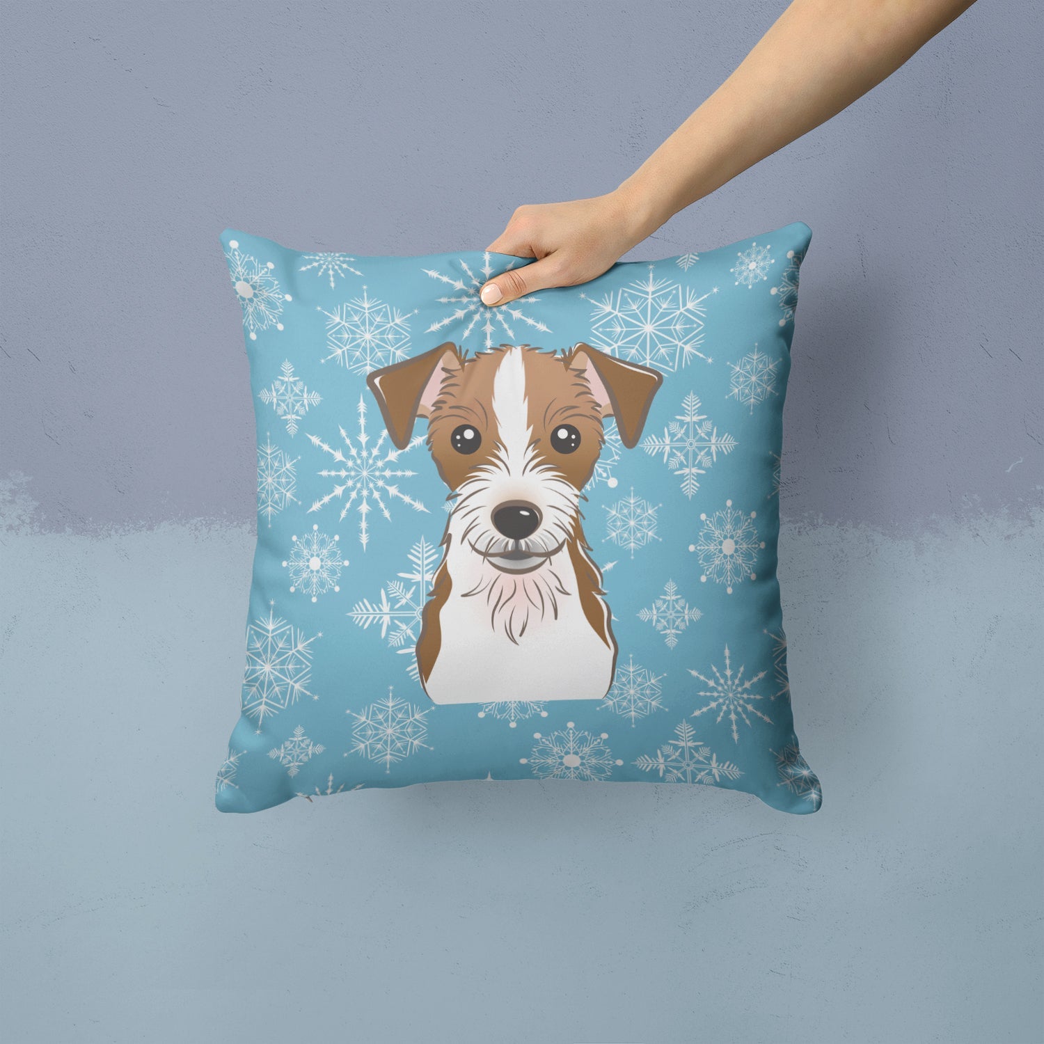 Snowflake Jack Russell Terrier Decorative Throw Pillow 14x14 Indoor Outdoor Accent Cushion, Fabric Cover with Insert for Sofa, Bed, Porch & Living Room