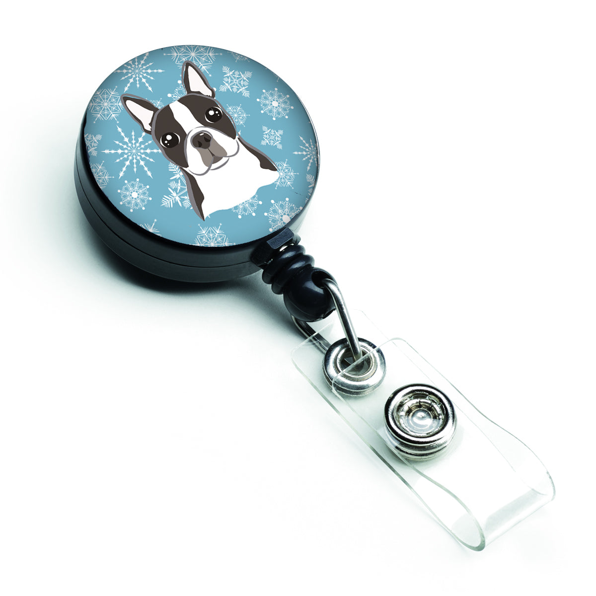 Snowflake Boston Terrier Retractable Badge Reel for Nurses ID Badge Holder with Clip Retractable Employee Badge Holder, Belt Clip
