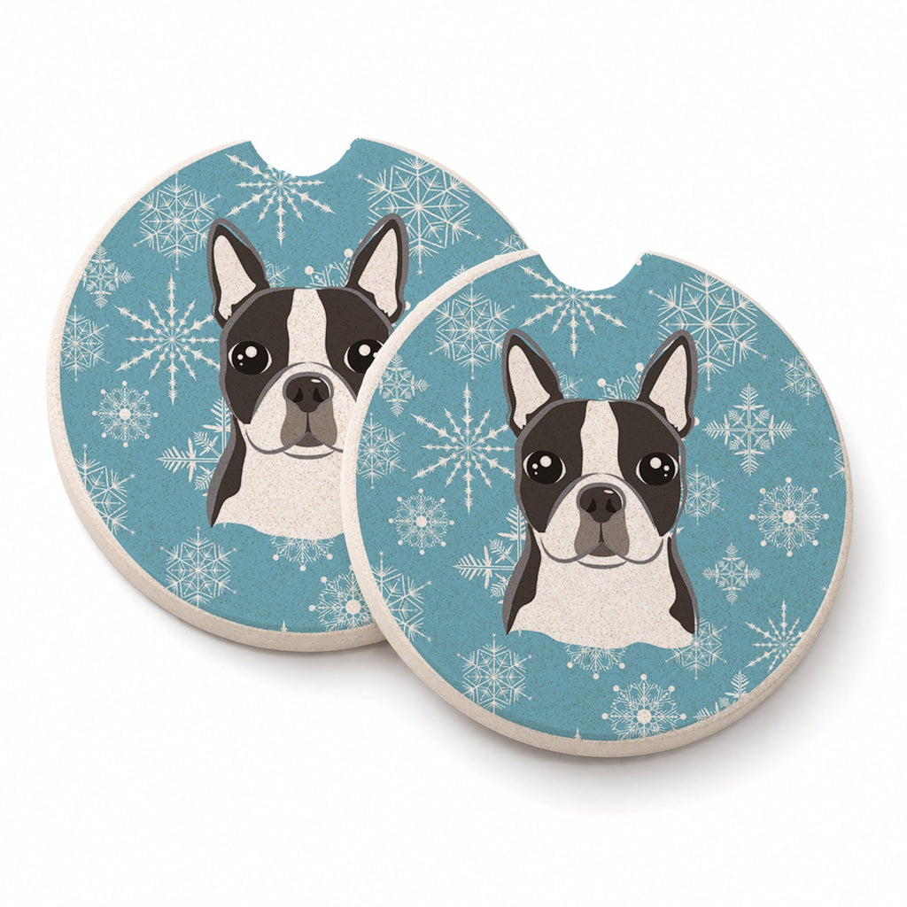 Snowflake Boston Terrier Set of 2 Cup Holder Car Coasters Absorbent Round Sandstone Coasters Gifts for Men or Women, 2.5, Multicolor