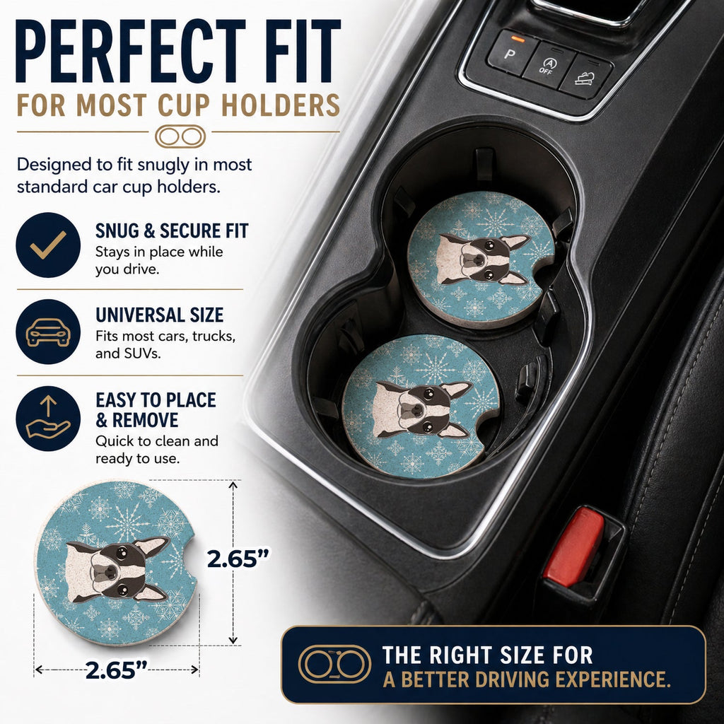 Snowflake Boston Terrier Set of 2 Cup Holder Car Coasters Absorbent Round Sandstone Coasters Gifts for Men or Women, 2.5, Multicolor
