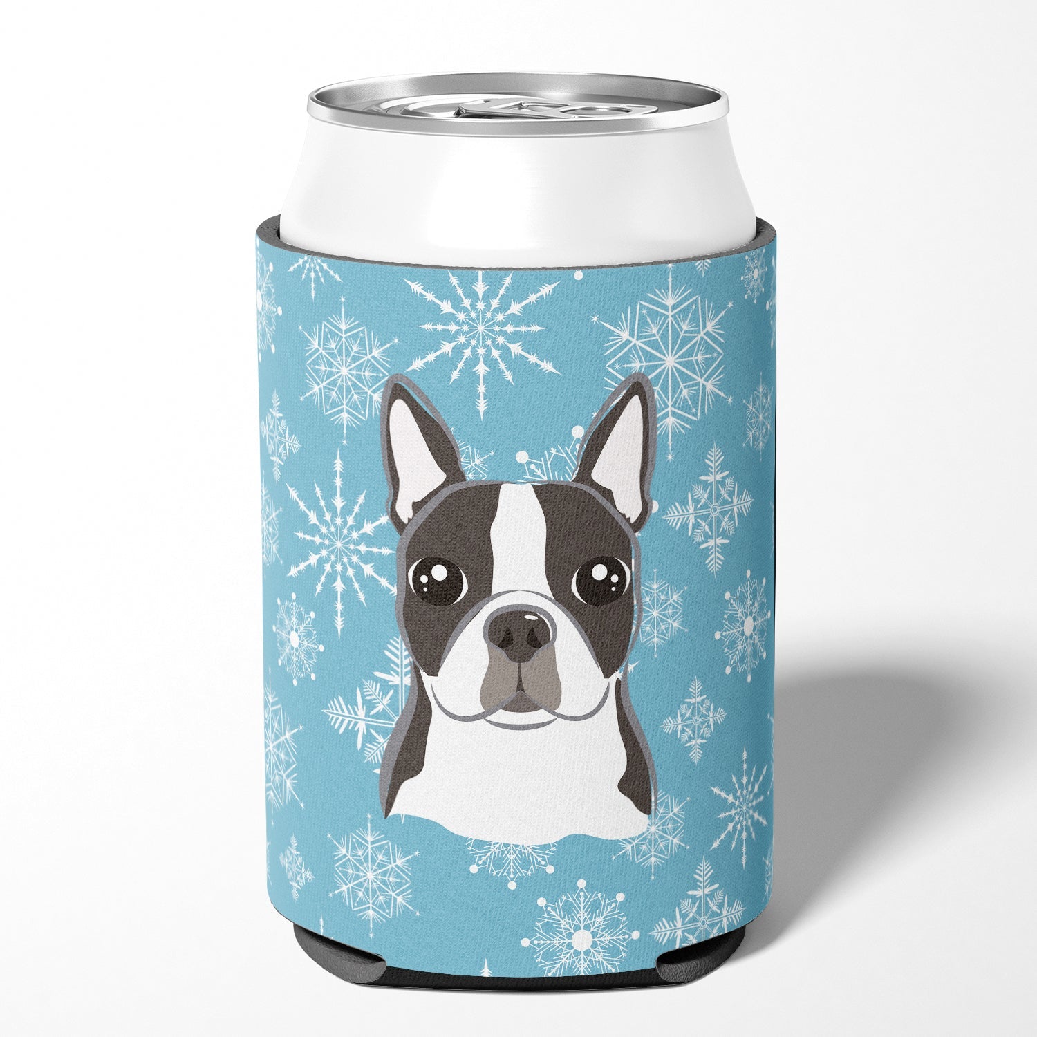 Snowflake Boston Terrier Can or Bottle Hugger Cooler Sleeve for Standard 12 oz Cans, Insulated Foam Beer & Soda Can Hugger Reusable