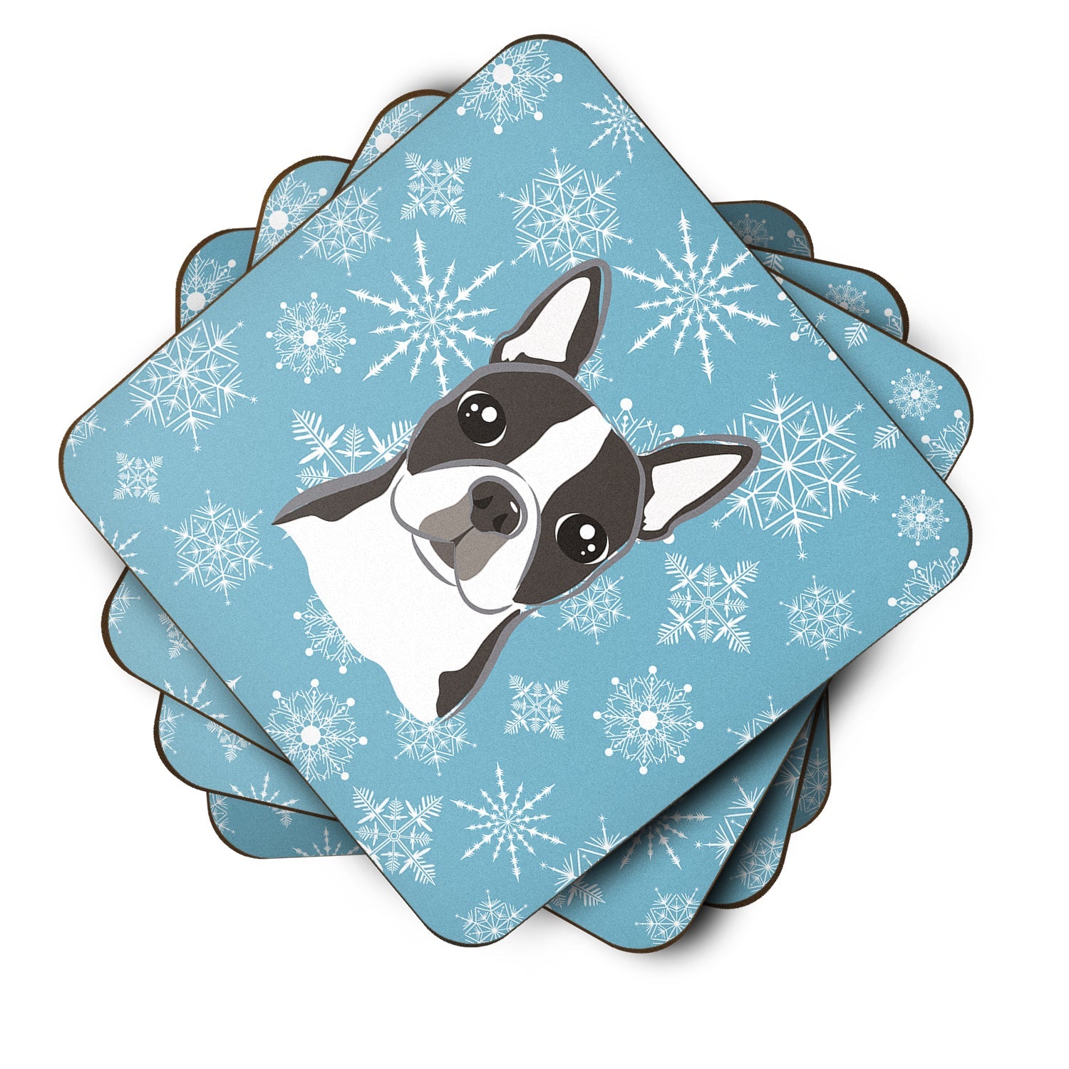 Snowflake Boston Terrier Foam Coasters Set of 4 Cup Coasters for Indoor Outdoor, Tabletop Protection, Anti Slip, Mouse pad Material