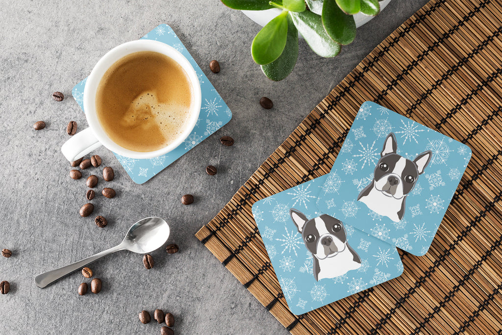 Snowflake Boston Terrier Foam Coasters Set of 4 Cup Coasters for Indoor Outdoor, Tabletop Protection, Anti Slip, Mouse pad Material