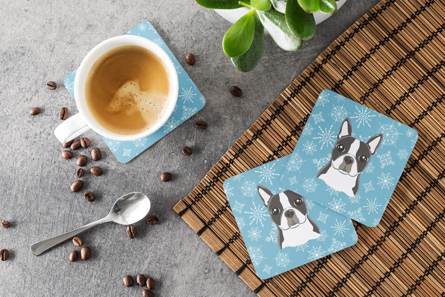 Snowflake Boston Terrier Foam Coasters Set of 4 Cup Coasters for Indoor Outdoor, Tabletop Protection, Anti Slip, Mouse pad Material