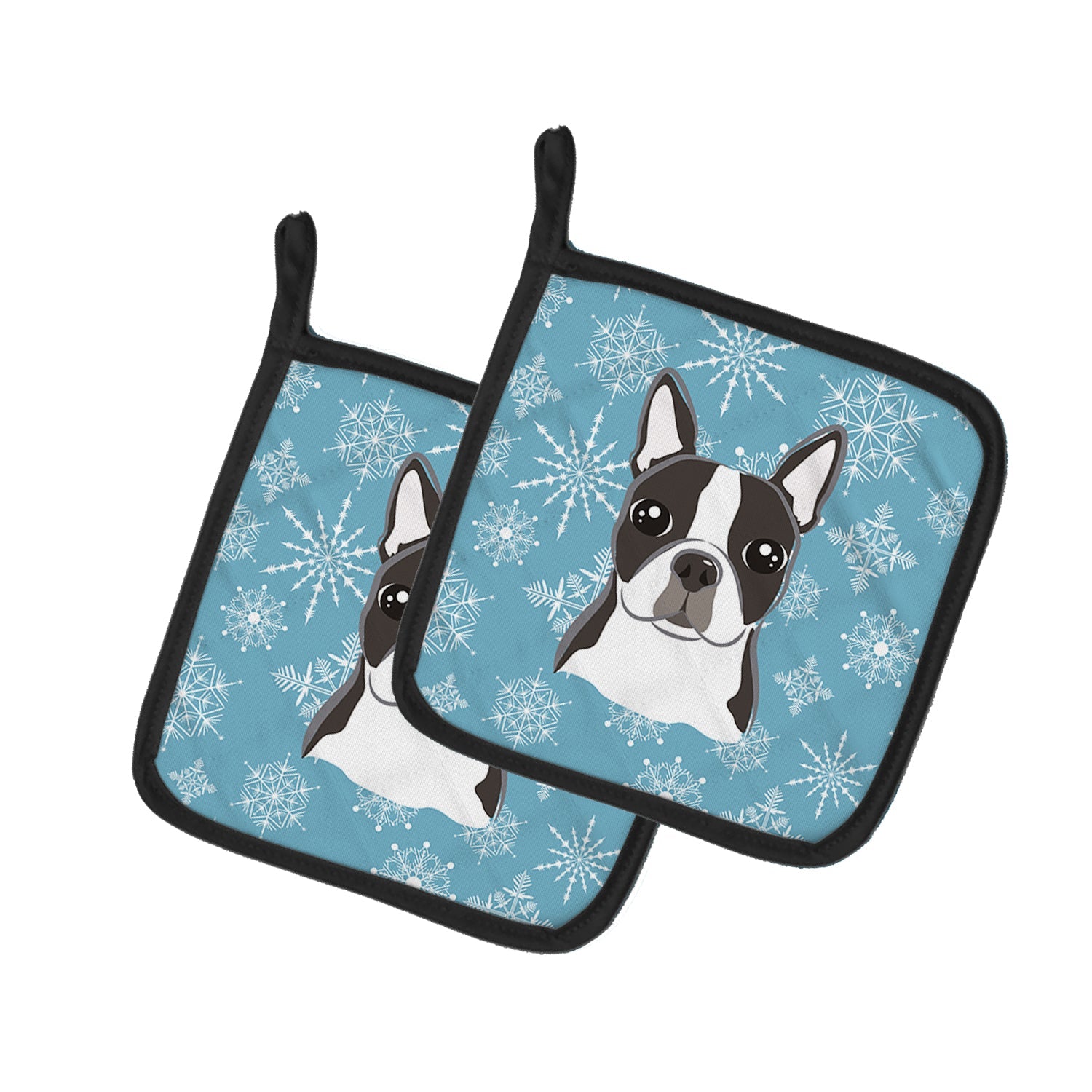 Snowflake Boston Terrier Pot Holder Set of 2 Heat Resistant Quilted Hot Pads 7.5 x 7.5 Inch, Insulated Kitchen Trivets for Cooking & Baking