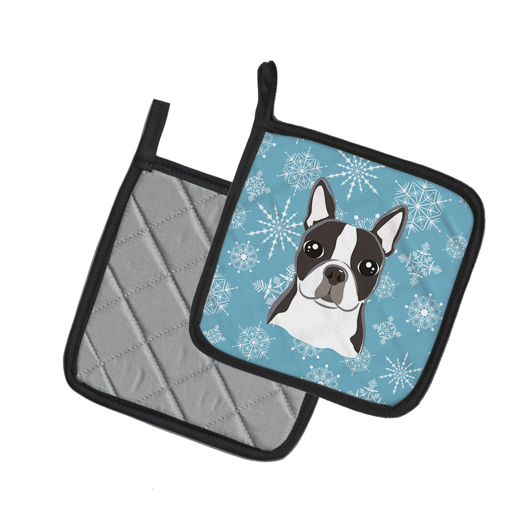 Snowflake Boston Terrier Pot Holder Set of 2 Heat Resistant Quilted Hot Pads 7.5 x 7.5 Inch, Insulated Kitchen Trivets for Cooking & Baking