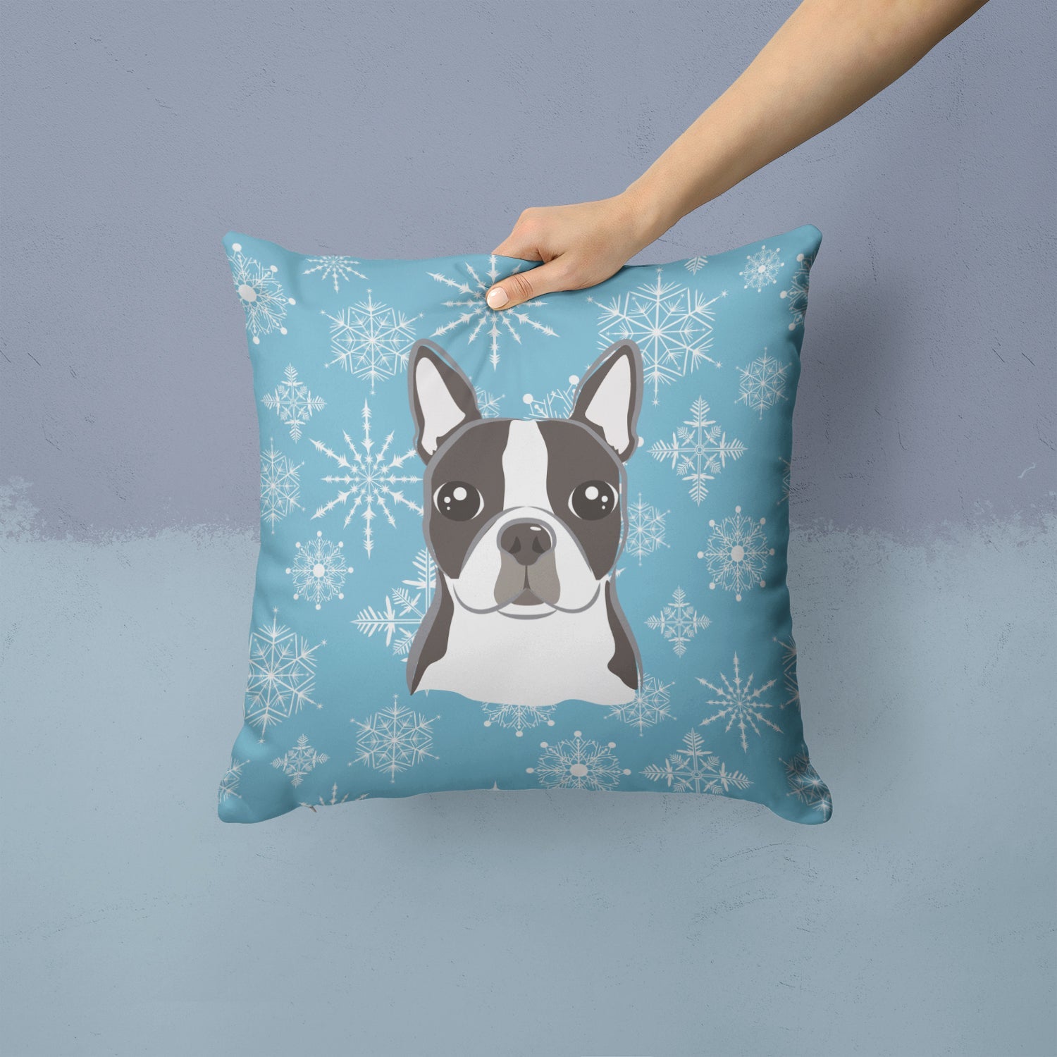 Snowflake Boston Terrier Decorative Throw Pillow 14x14 Indoor Outdoor Accent Cushion, Fabric Cover with Insert for Sofa, Bed, Porch & Living Room