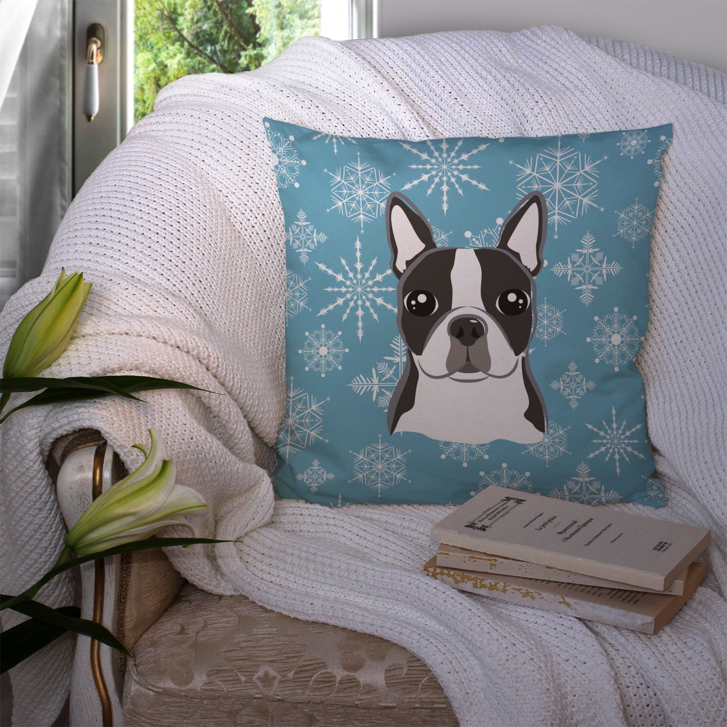 Snowflake Boston Terrier Decorative Throw Pillow 14x14 Indoor Outdoor Accent Cushion, Fabric Cover with Insert for Sofa, Bed, Porch & Living Room