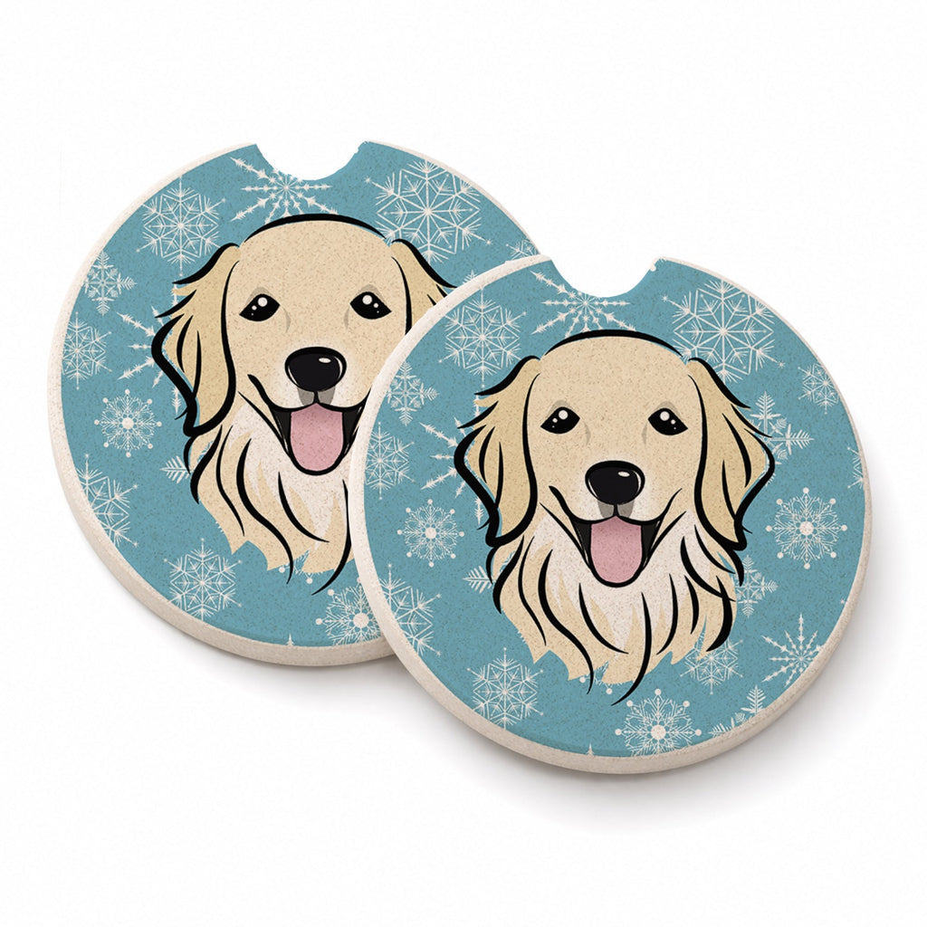 Snowflake Golden Retriever Set of 2 Cup Holder Car Coasters Absorbent Round Sandstone Coasters Gifts for Men or Women, 2.5, Multicolor