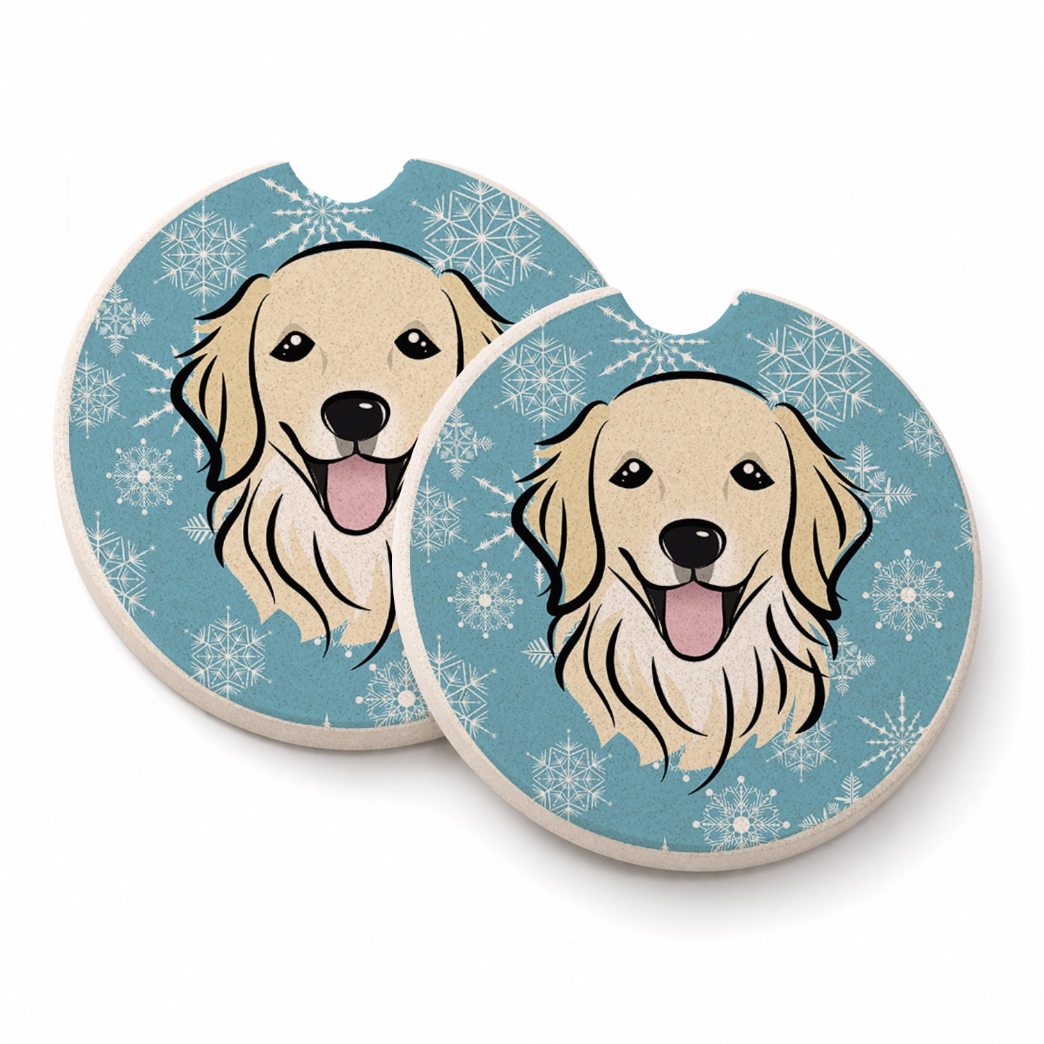 Snowflake Golden Retriever Set of 2 Cup Holder Car Coasters Absorbent Round Sandstone Coasters Gifts for Men or Women, 2.5, Multicolor