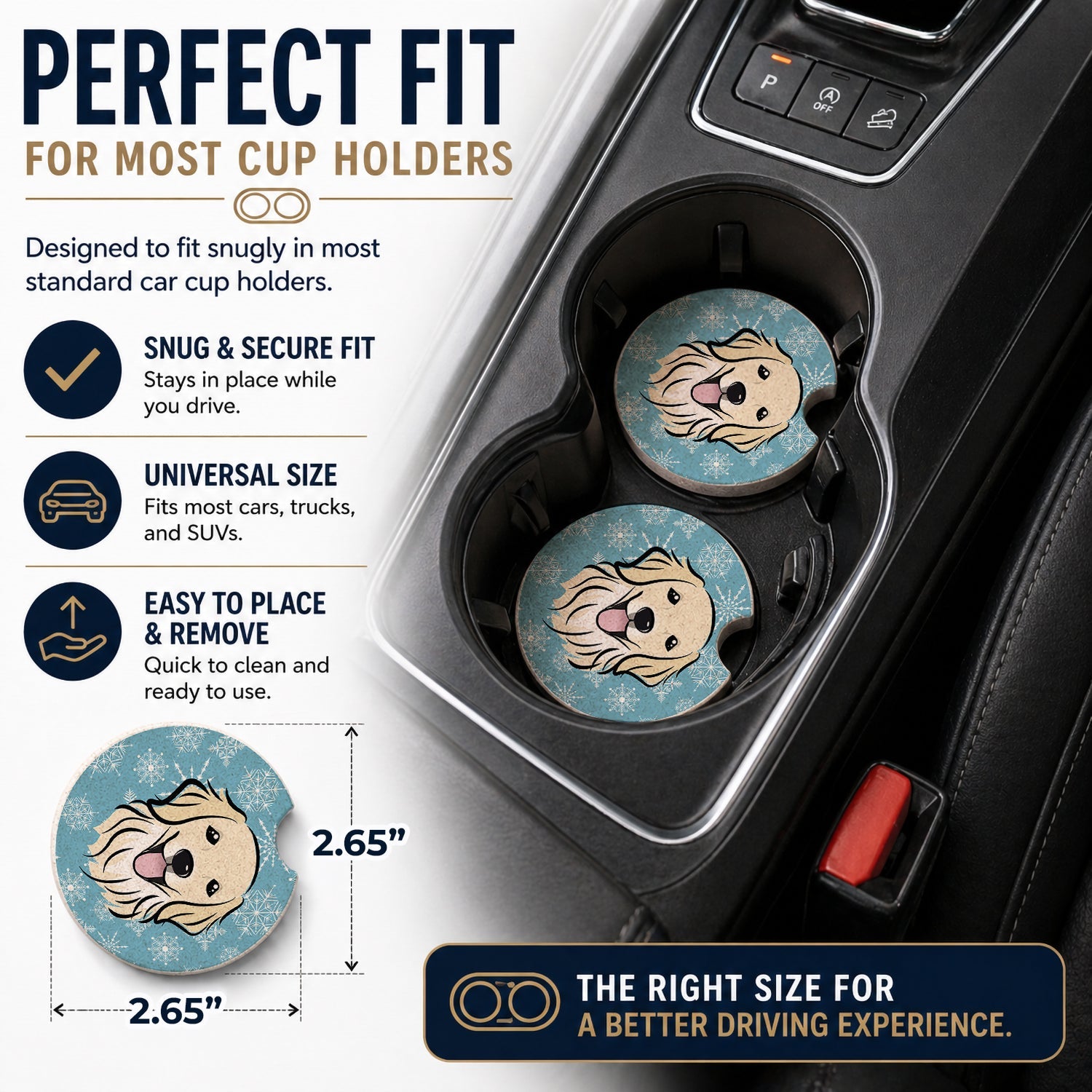 Snowflake Golden Retriever Set of 2 Cup Holder Car Coasters Absorbent Round Sandstone Coasters Gifts for Men or Women, 2.5, Multicolor