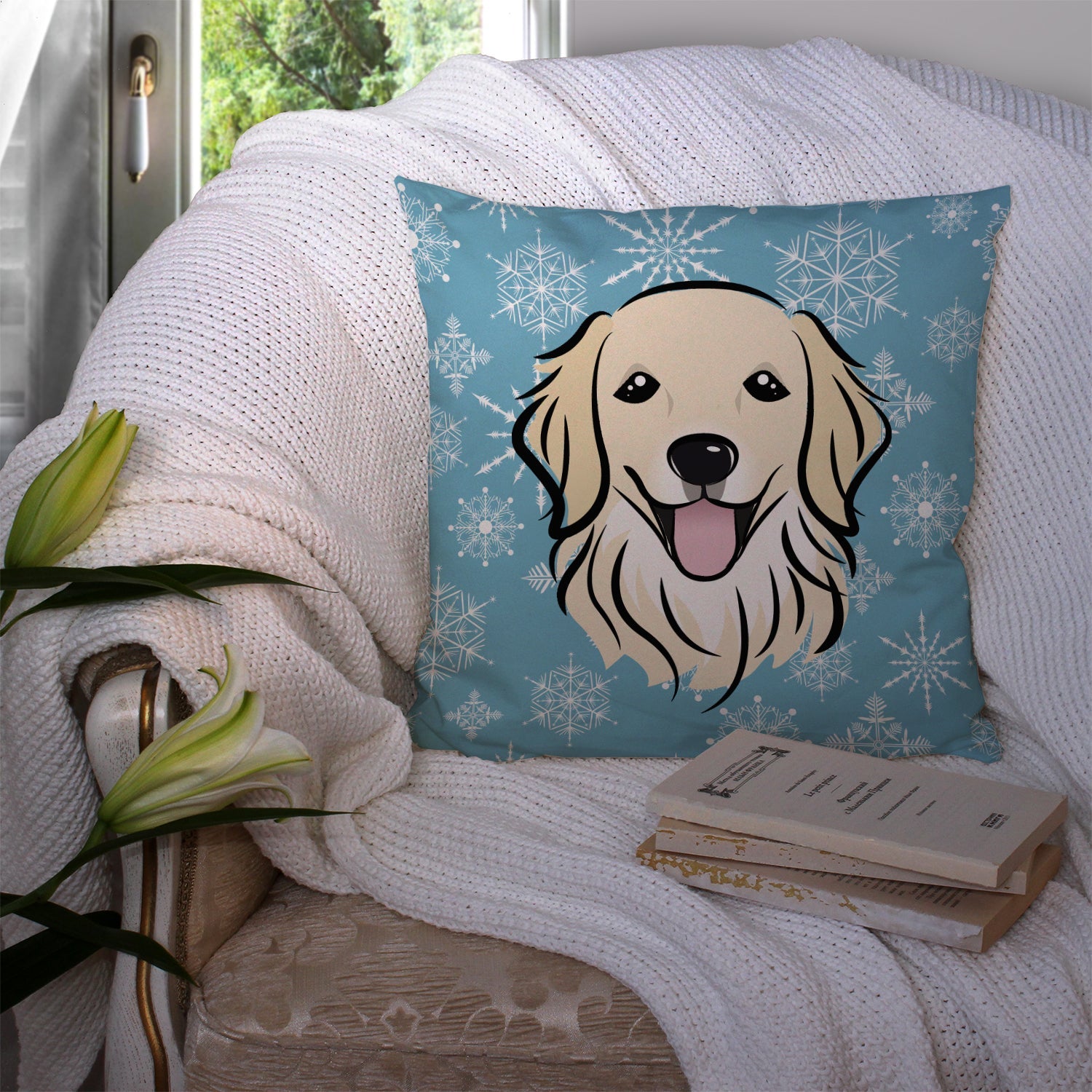 Snowflake Golden Retriever Decorative Throw Pillow 14x14 Indoor Outdoor Accent Cushion, Fabric Cover with Insert for Sofa, Bed, Porch & Living Room