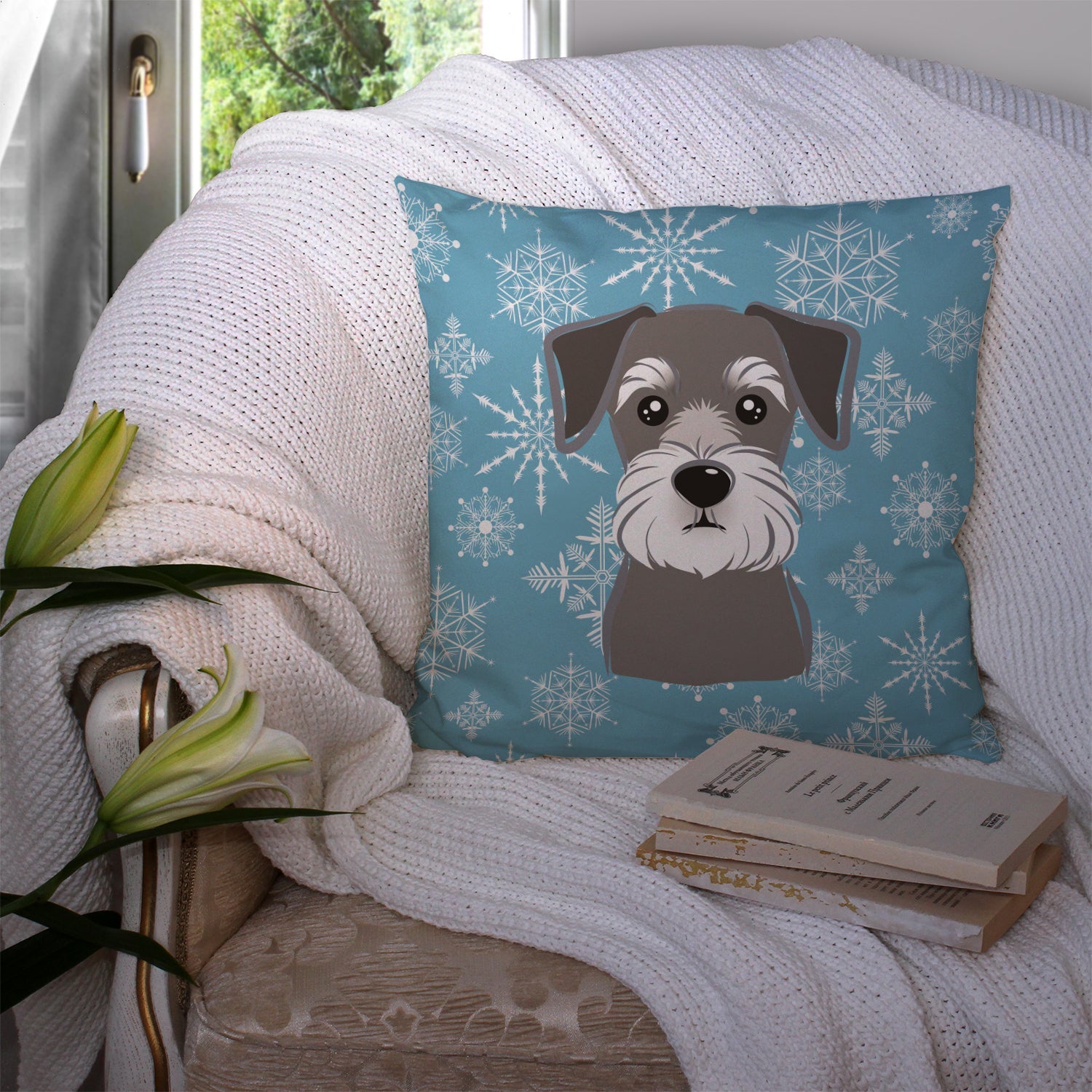 Snowflake Schnauzer Decorative Throw Pillow 14x14 Indoor Outdoor Accent Cushion, Fabric Cover with Insert for Sofa, Bed, Porch & Living Room
