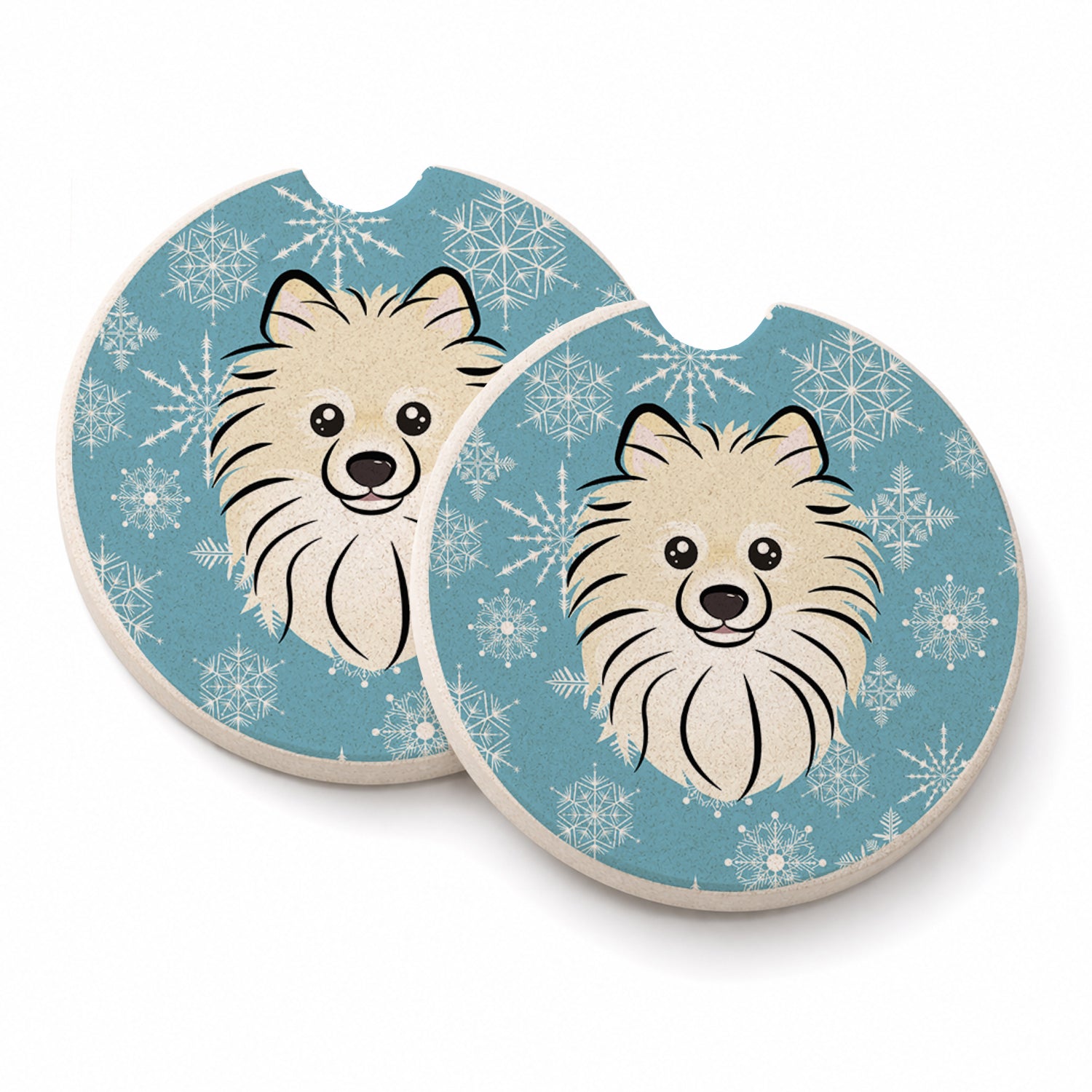 Snowflake Pomeranian Set of 2 Cup Holder Car Coasters Absorbent Round Sandstone Coasters Gifts for Men or Women, 2.5, Multicolor