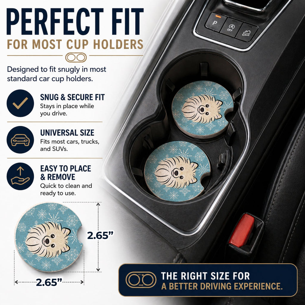 Snowflake Pomeranian Set of 2 Cup Holder Car Coasters Absorbent Round Sandstone Coasters Gifts for Men or Women, 2.5, Multicolor
