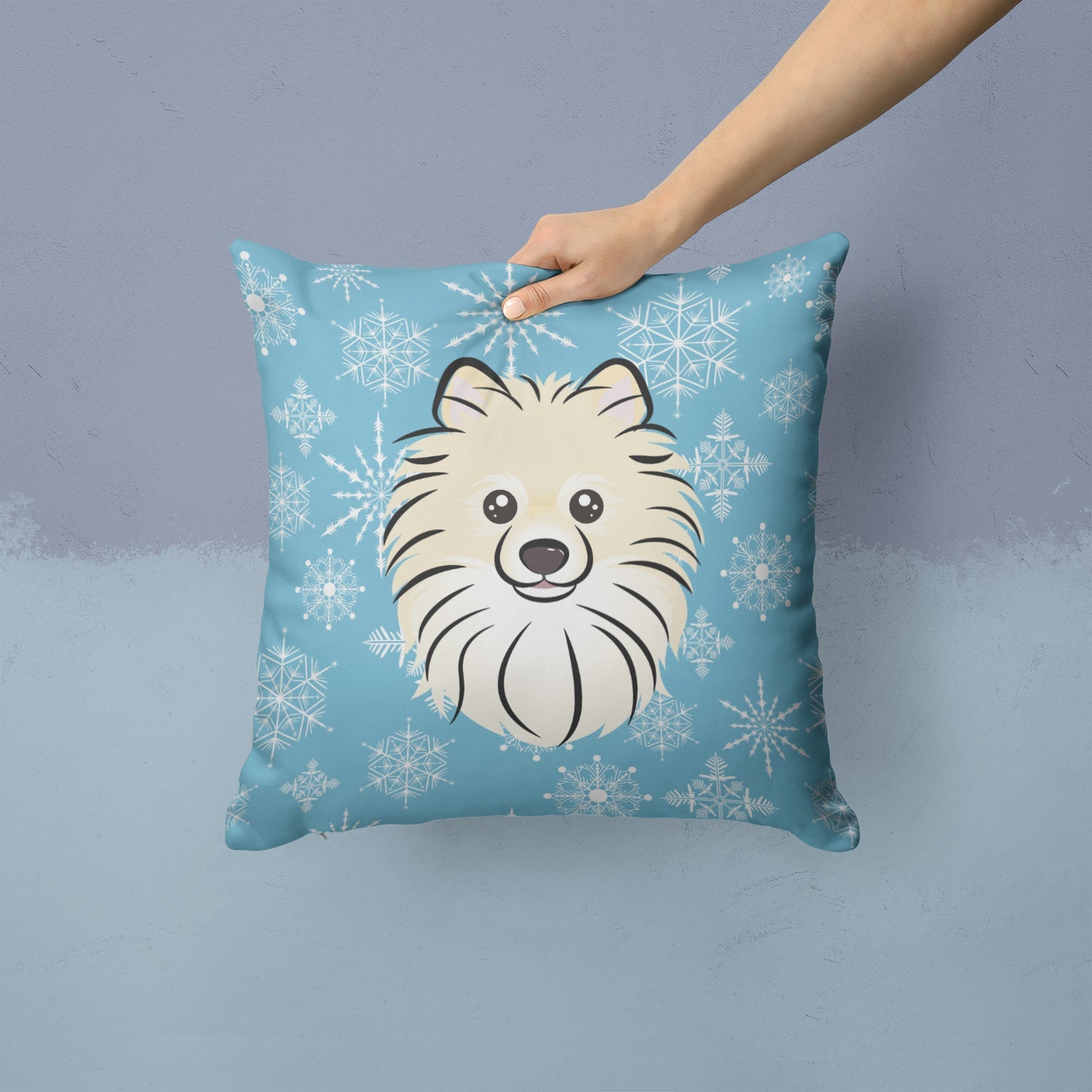 Snowflake Pomeranian Decorative Throw Pillow 14x14 Indoor Outdoor Accent Cushion, Fabric Cover with Insert for Sofa, Bed, Porch & Living Room