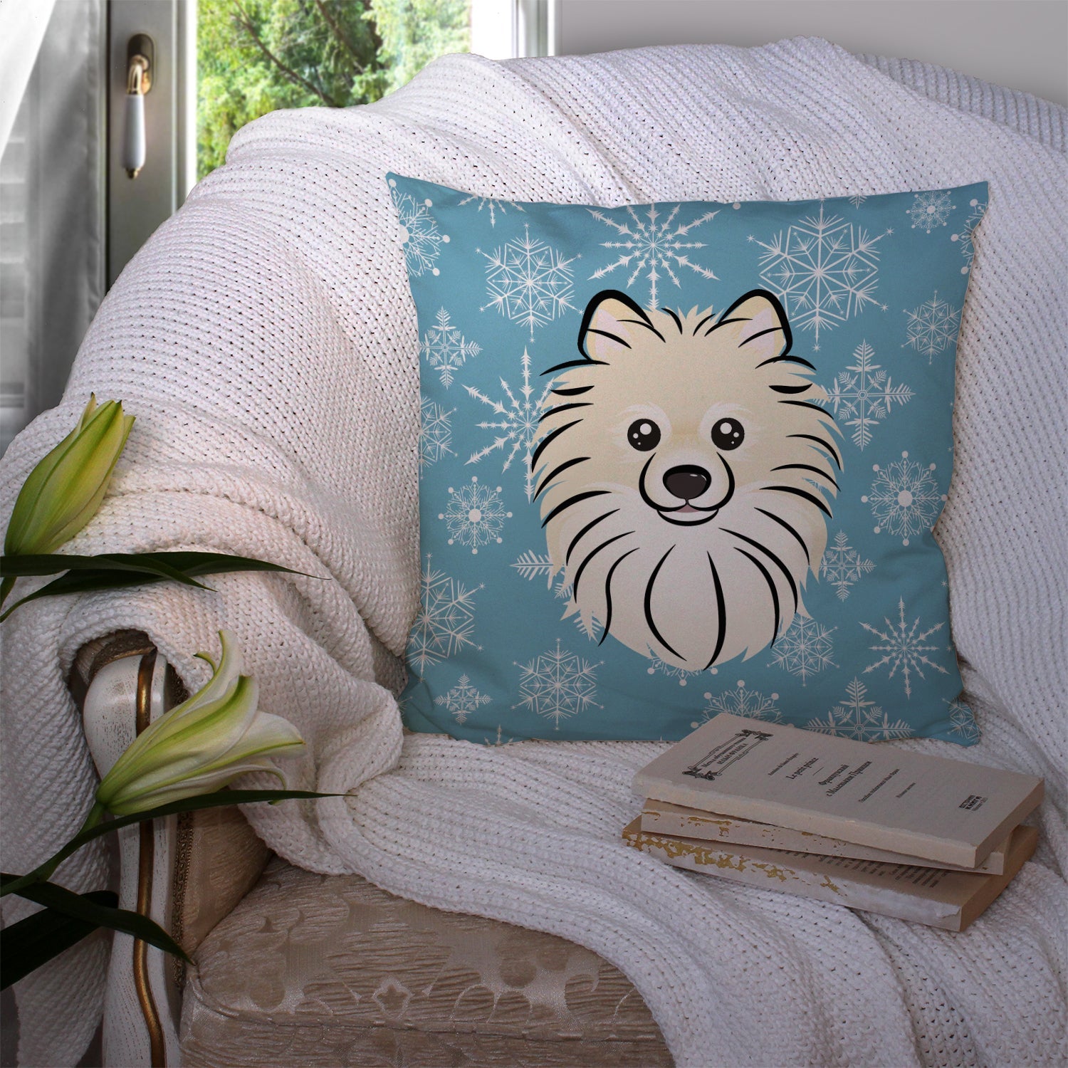 Snowflake Pomeranian Decorative Throw Pillow 14x14 Indoor Outdoor Accent Cushion, Fabric Cover with Insert for Sofa, Bed, Porch & Living Room