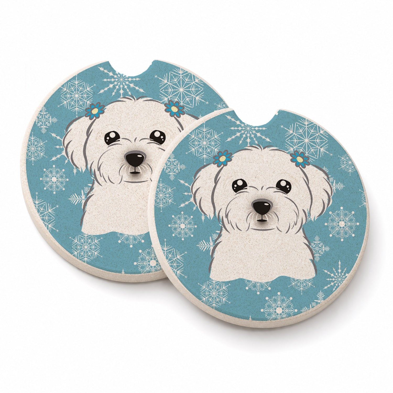 Snowflake Maltese Set of 2 Cup Holder Car Coasters Absorbent Round Sandstone Coasters Gifts for Men or Women, 2.5, Multicolor