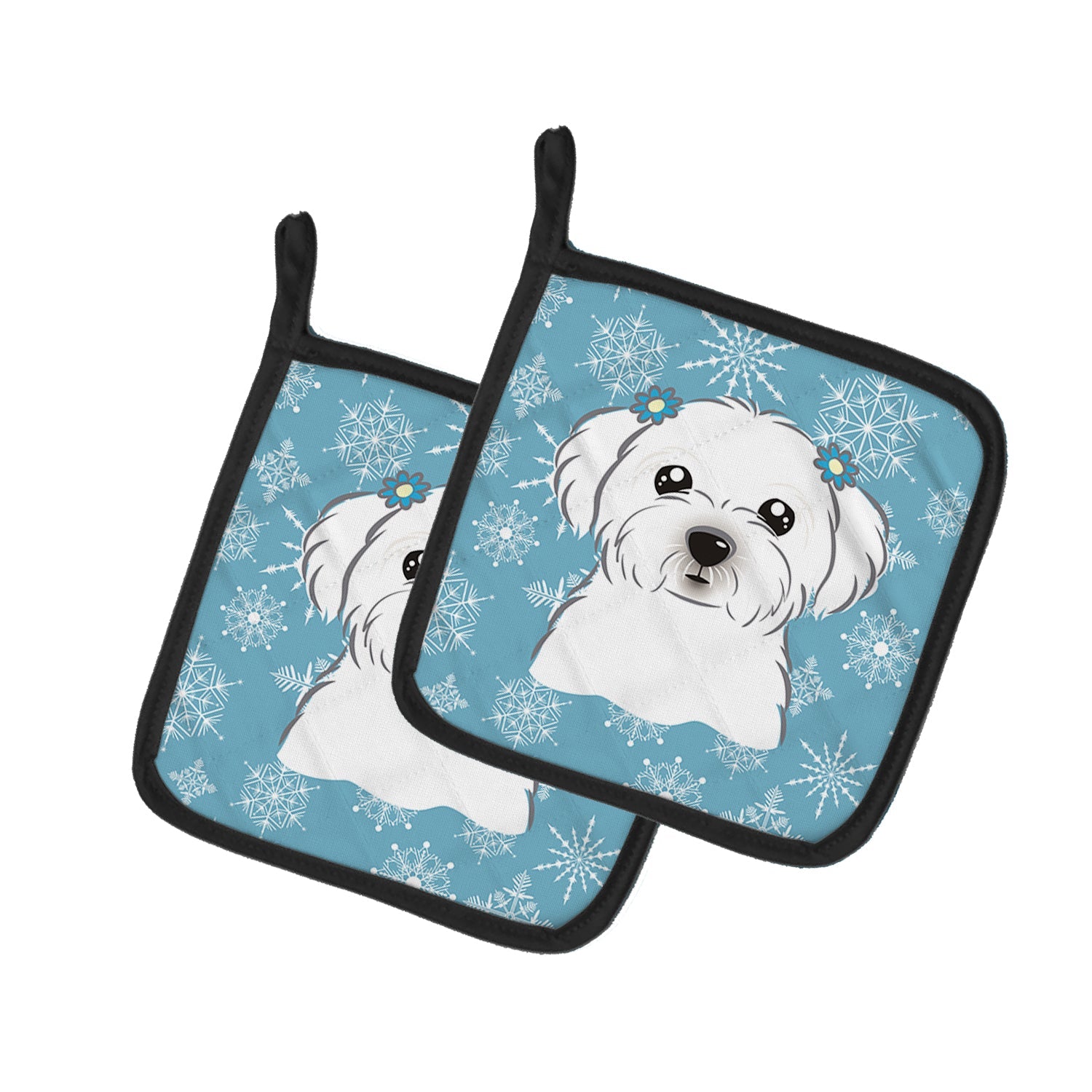 Snowflake Maltese Pot Holder Set of 2 Heat Resistant Quilted Hot Pads 7.5 x 7.5 Inch, Insulated Kitchen Trivets for Cooking & Baking